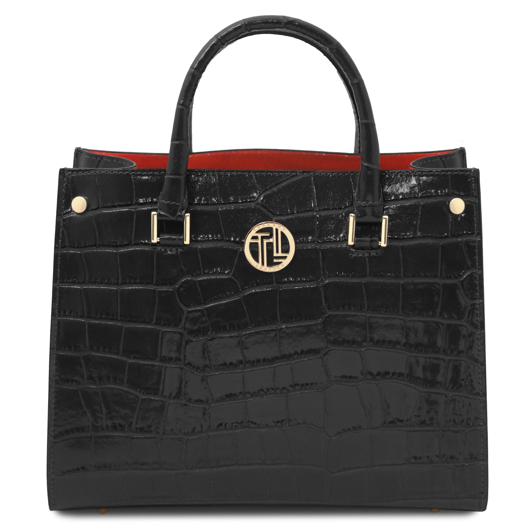 Front view Croque Croc Print Italian Leather Handbag in black
