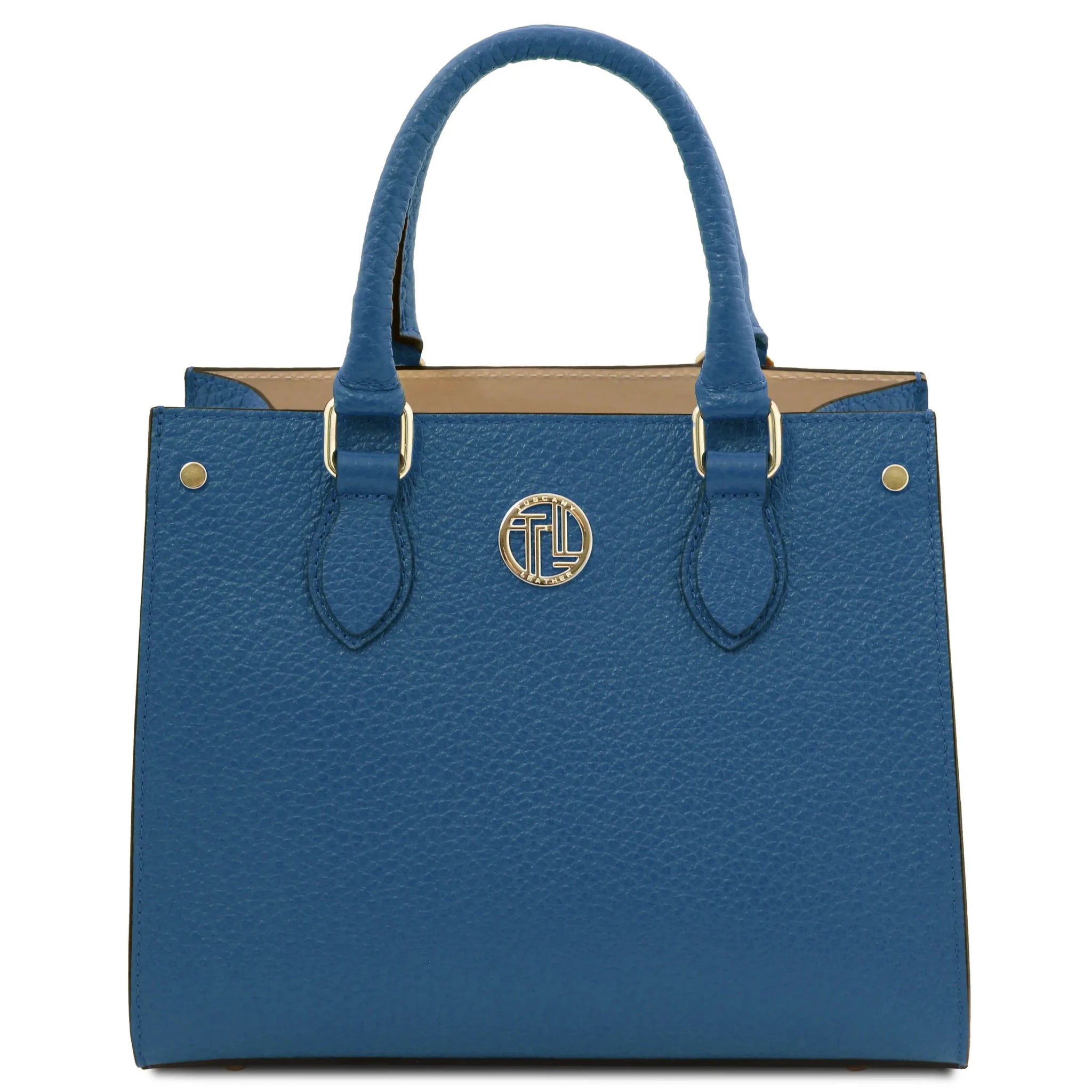 Front view Croque Italian Pebbled Leather Handbag in denim