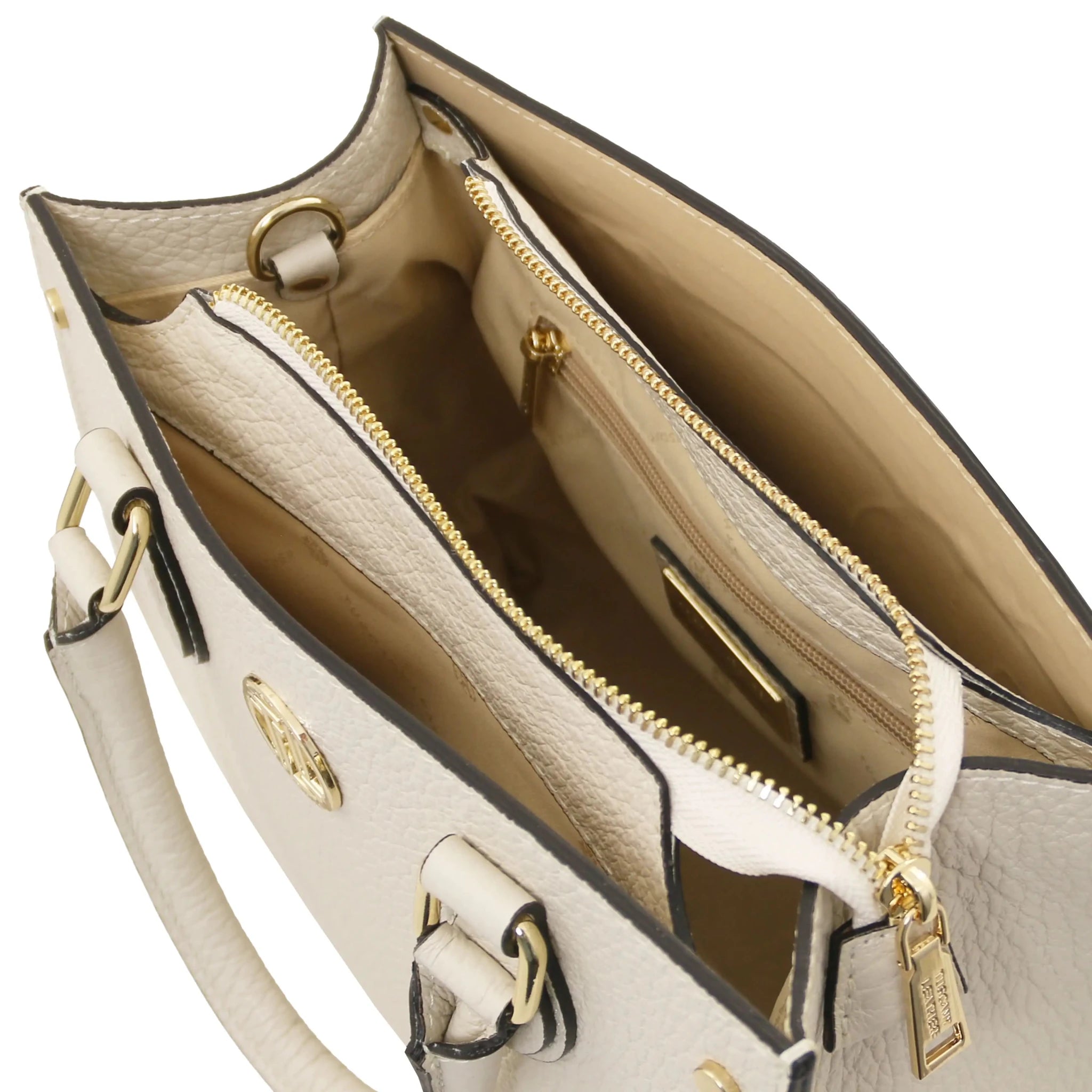 Interior three compartment view Croque Italian Pebbled Leather Handbag in beige