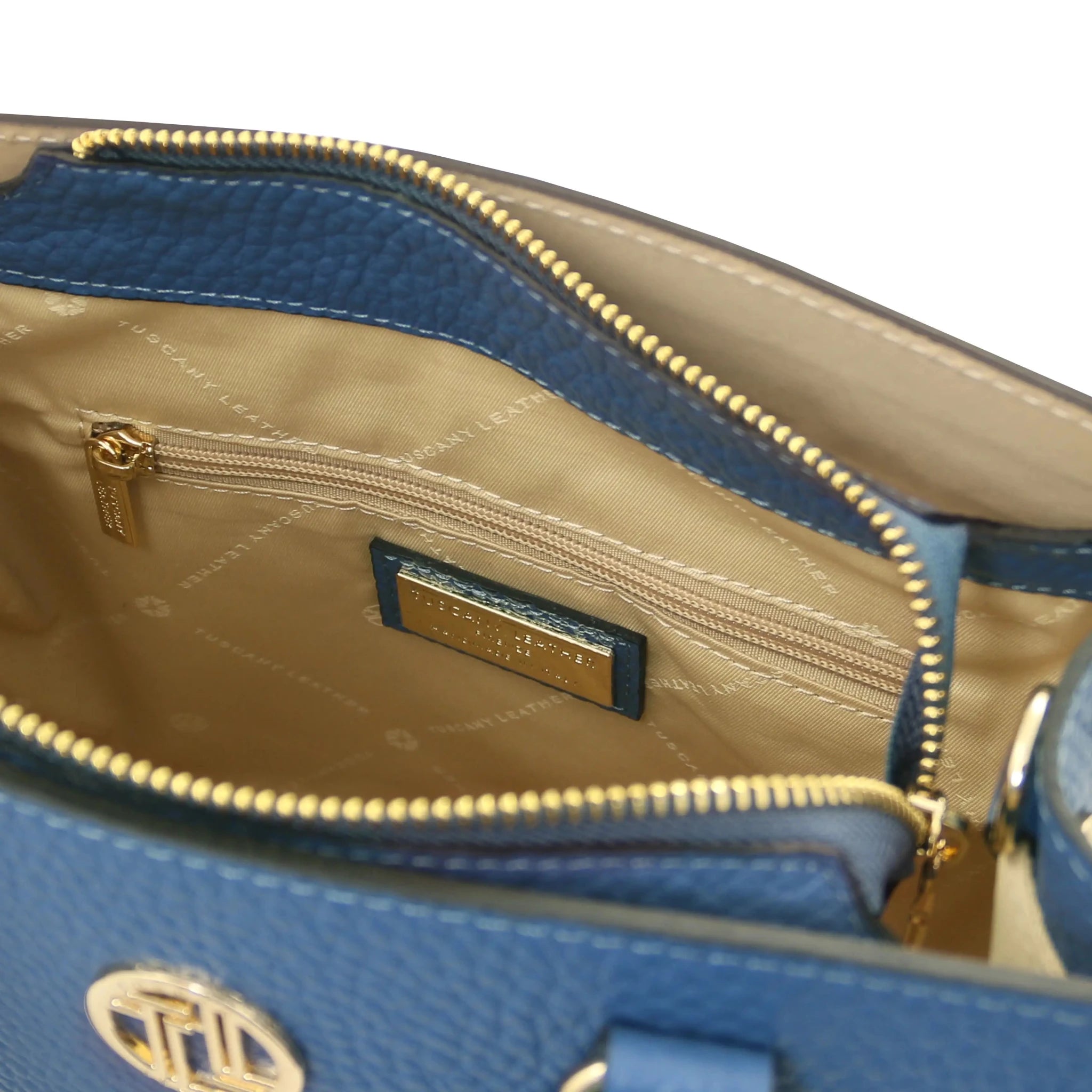 Interior zip pocket view with beige lining Croque Italian Pebbled Leather Handbag in denim