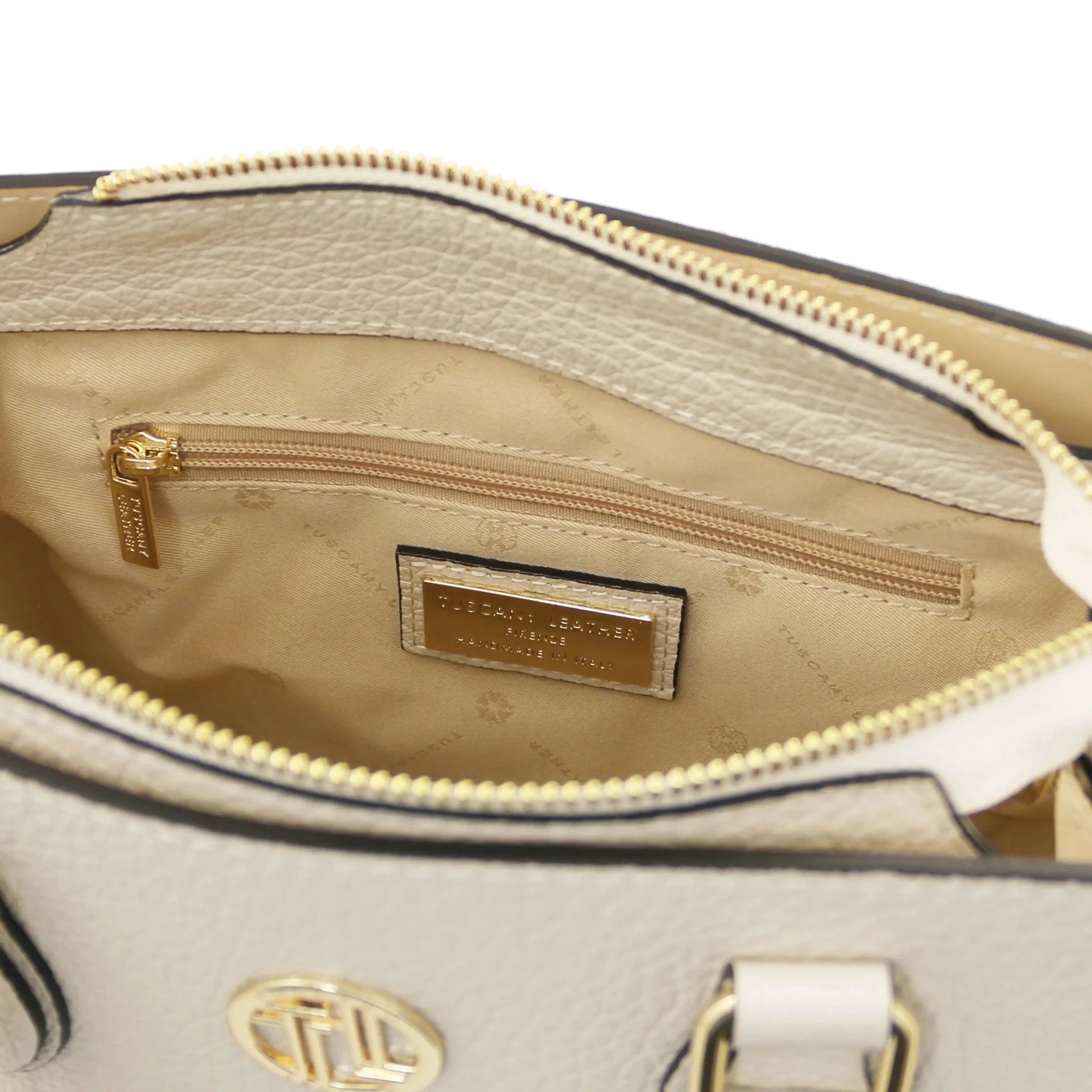 Interior zip pocket beige lining view Croque Italian Pebbled Leather Handbag in beige