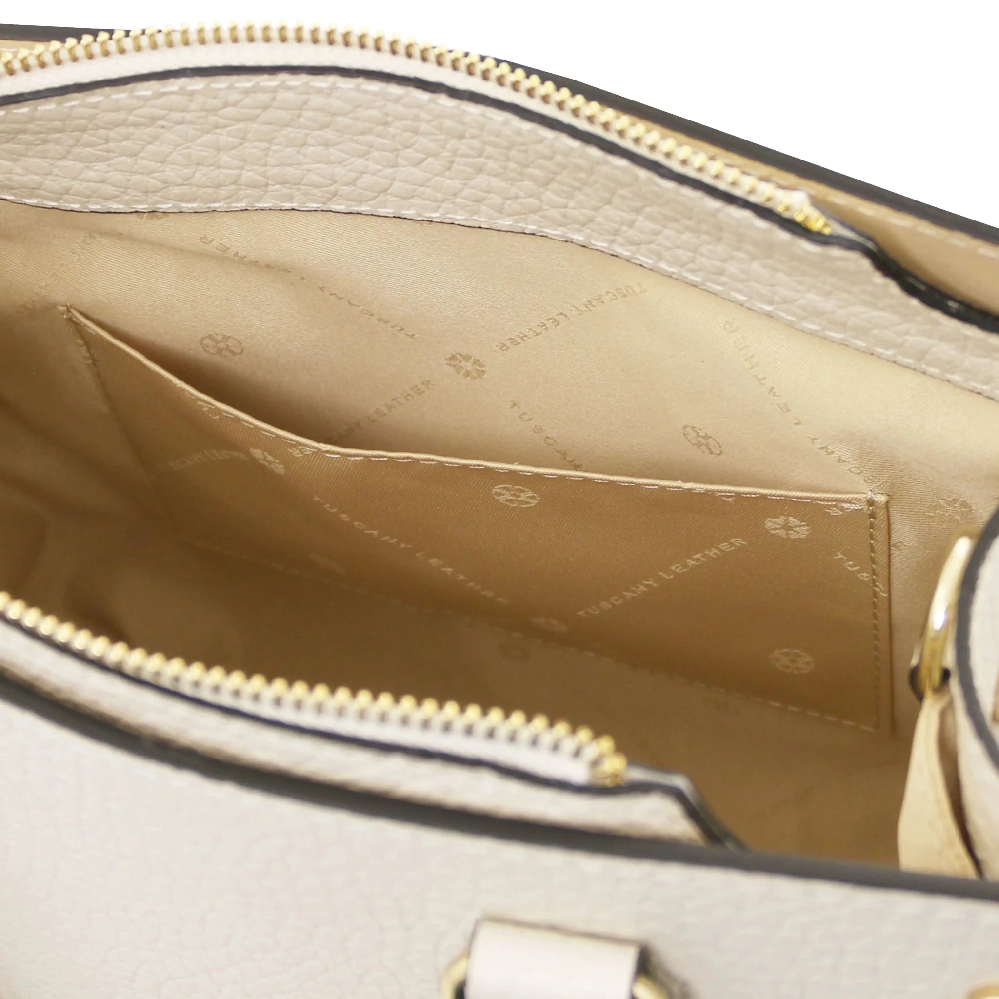 Interior open pocket beige lining view Croque Italian Pebbled Leather Handbag in beige