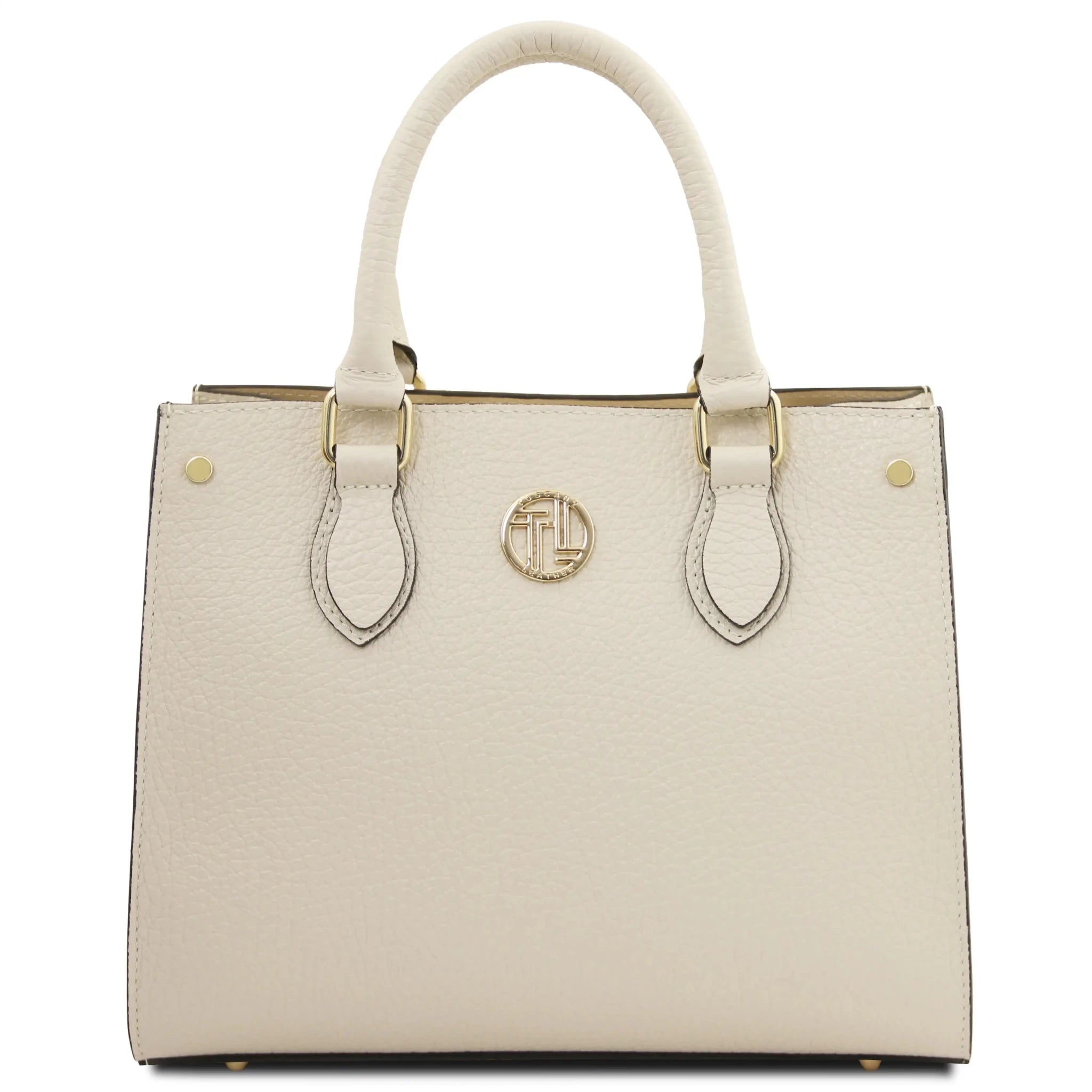 Front view Croque Italian Pebbled Leather Handbag in beige