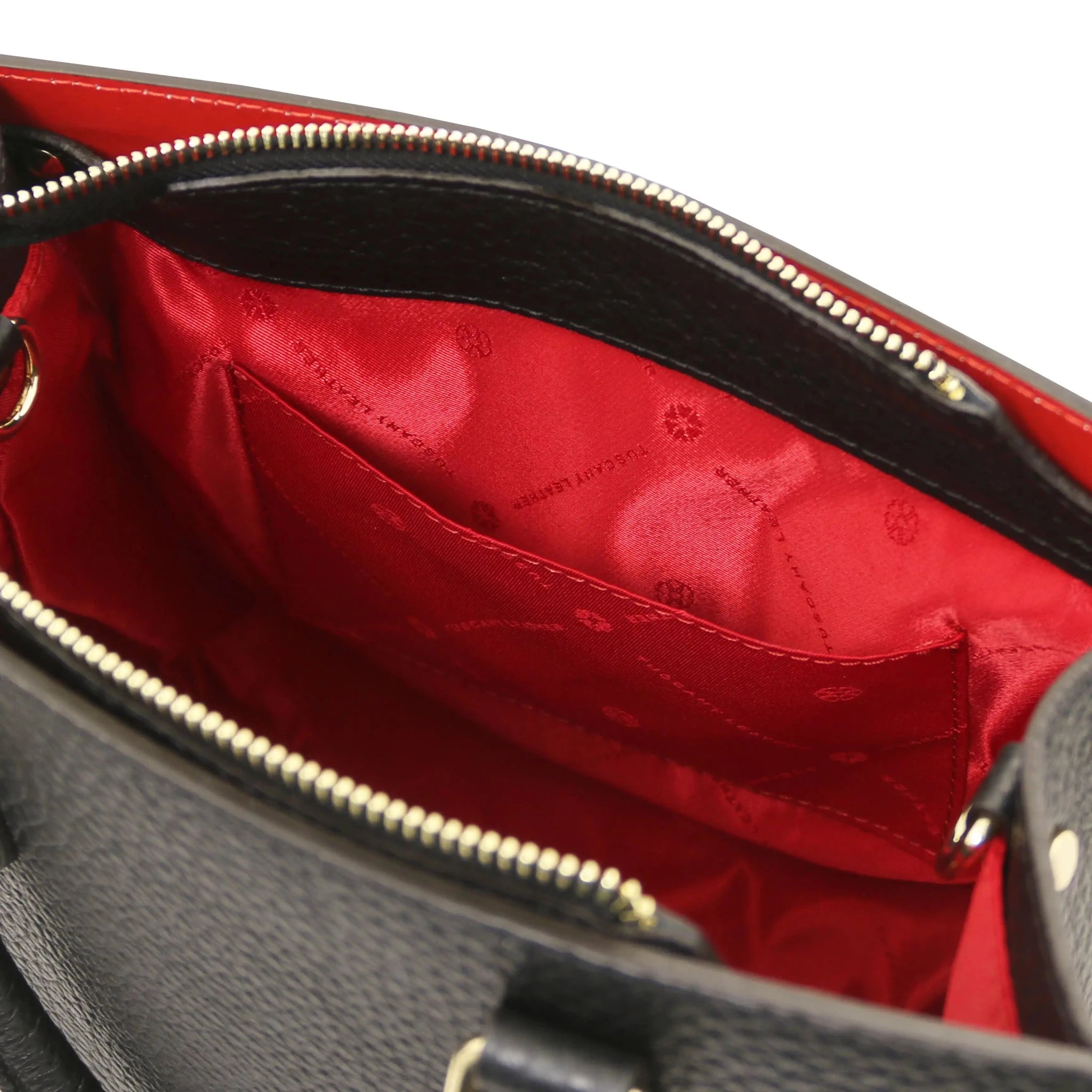 Interior open pocket red lining view Croque Italian Pebbled Leather Handbag in black