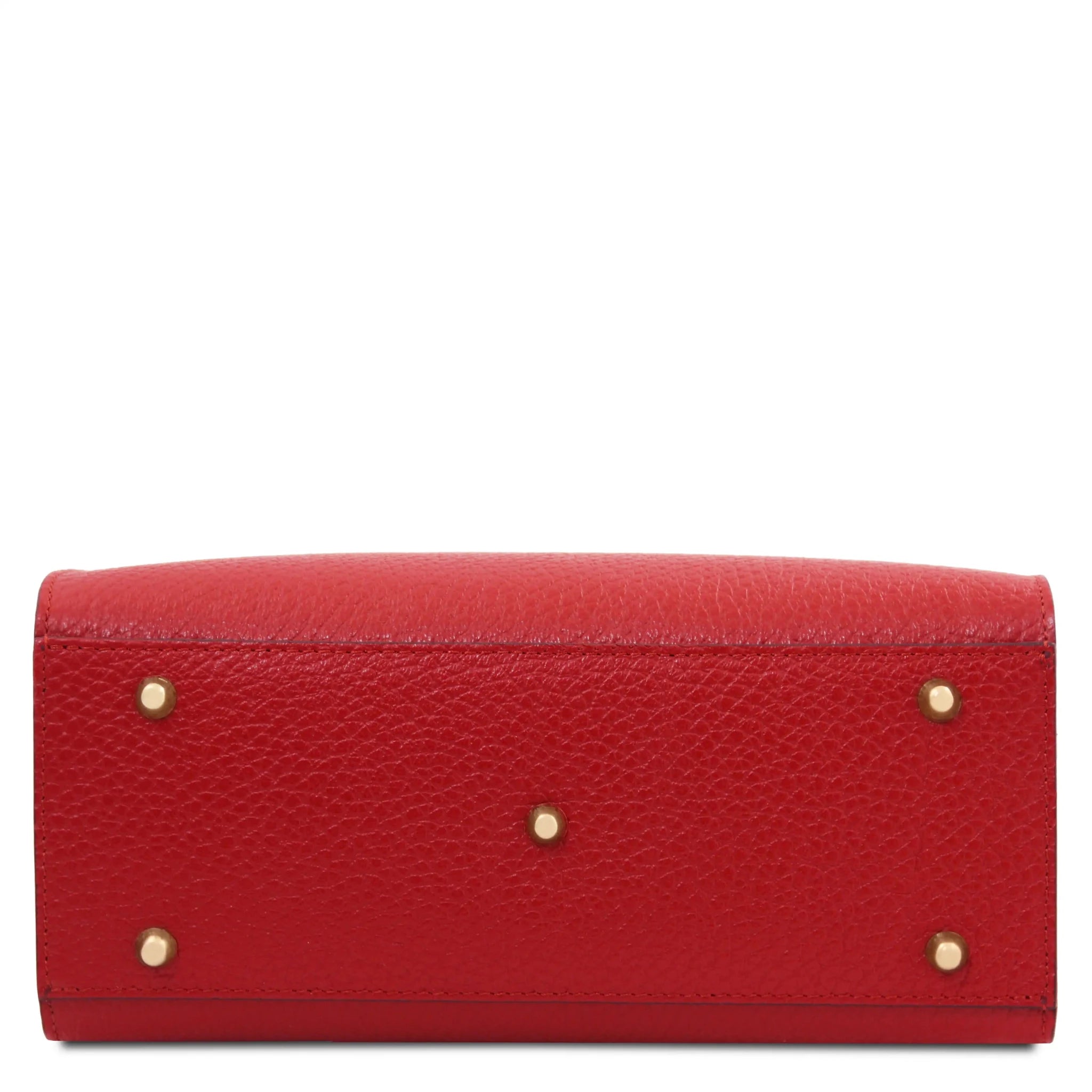 Bottom view Croque Italian Pebbled Leather Handbag in lipstick red
