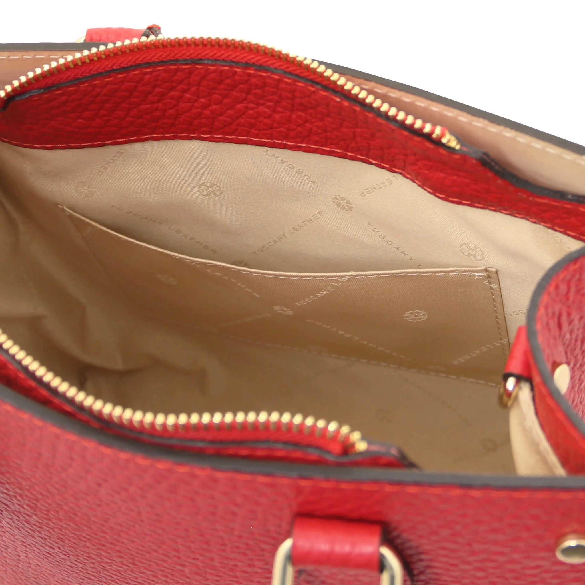 Interior open pocket beige lining view Croque Italian Pebbled Leather Handbag in lipstick red