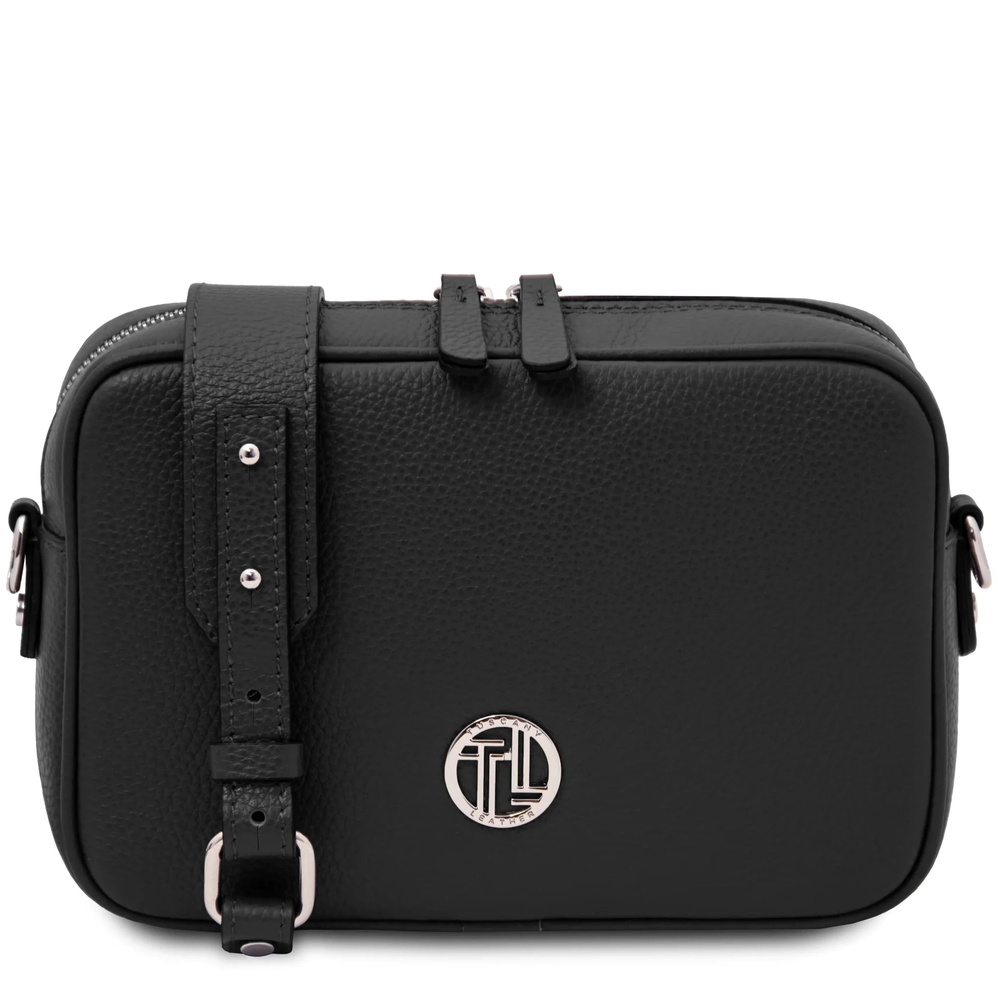 Front view Cubetto Italian Leather Shoulder Bag in Black with Tl logo