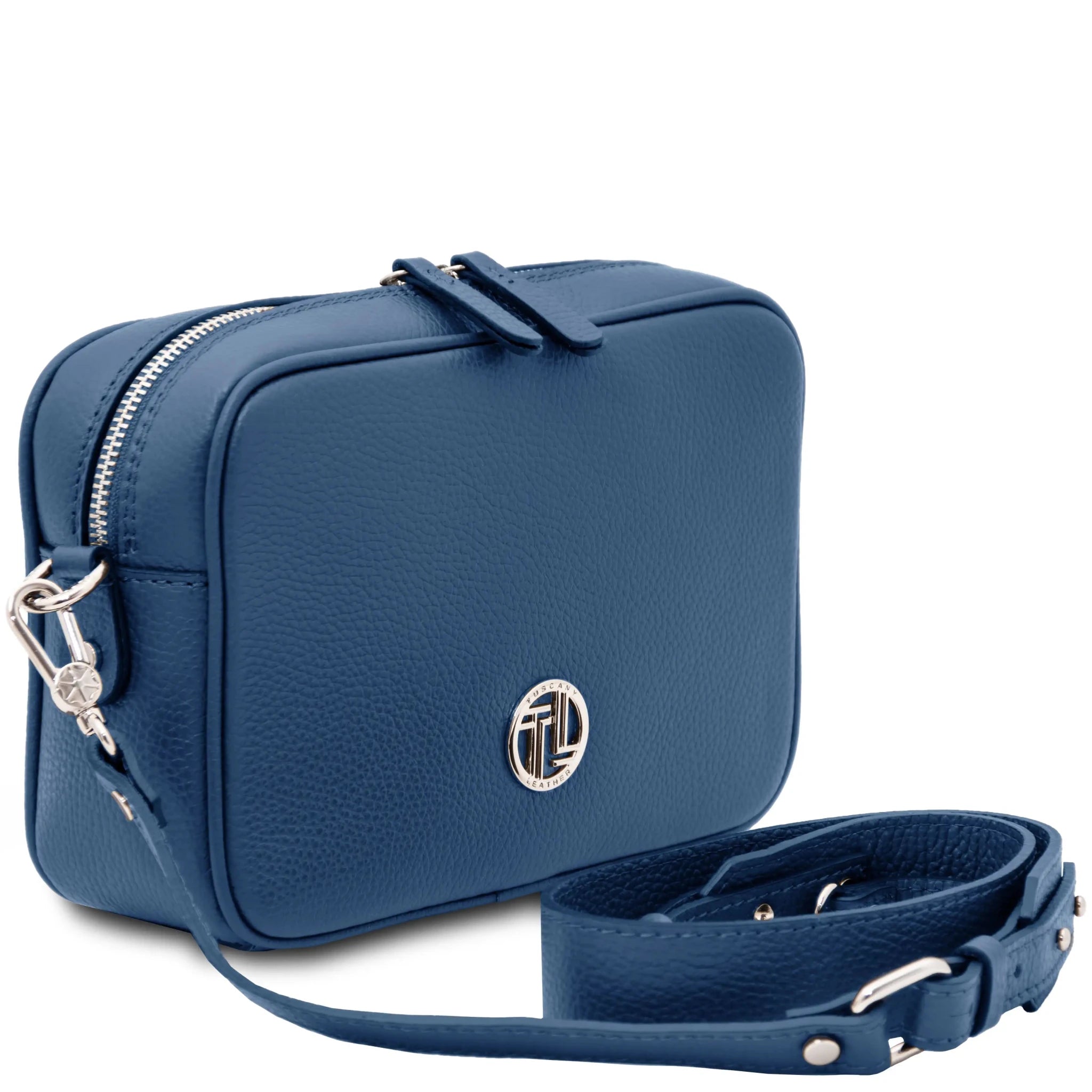 Angled front view Cubetto Italian Leather Shoulder Bag in Denim with shoulder strap