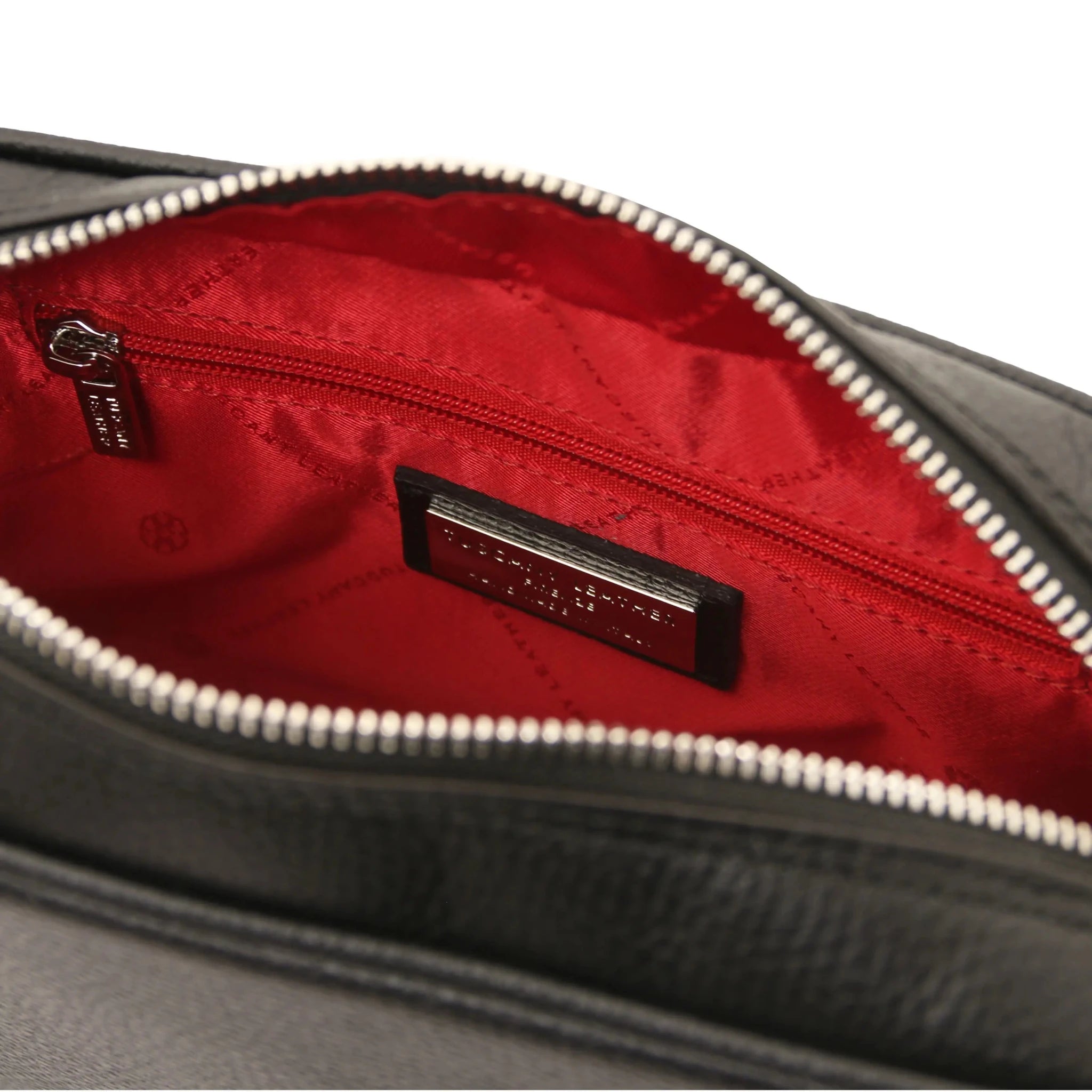 Interior open pockets view black Cubetto Leather Shoulder Bag with red interior