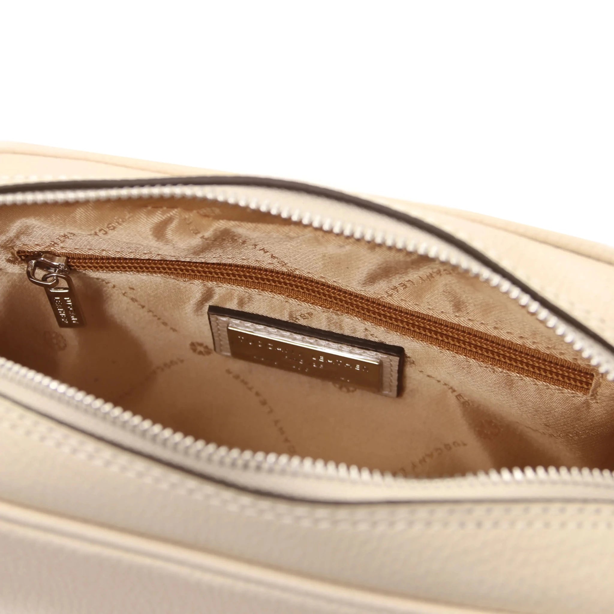 Interior zip pockets view Beige Cubetto Leather Shoulder Bag with beige interior