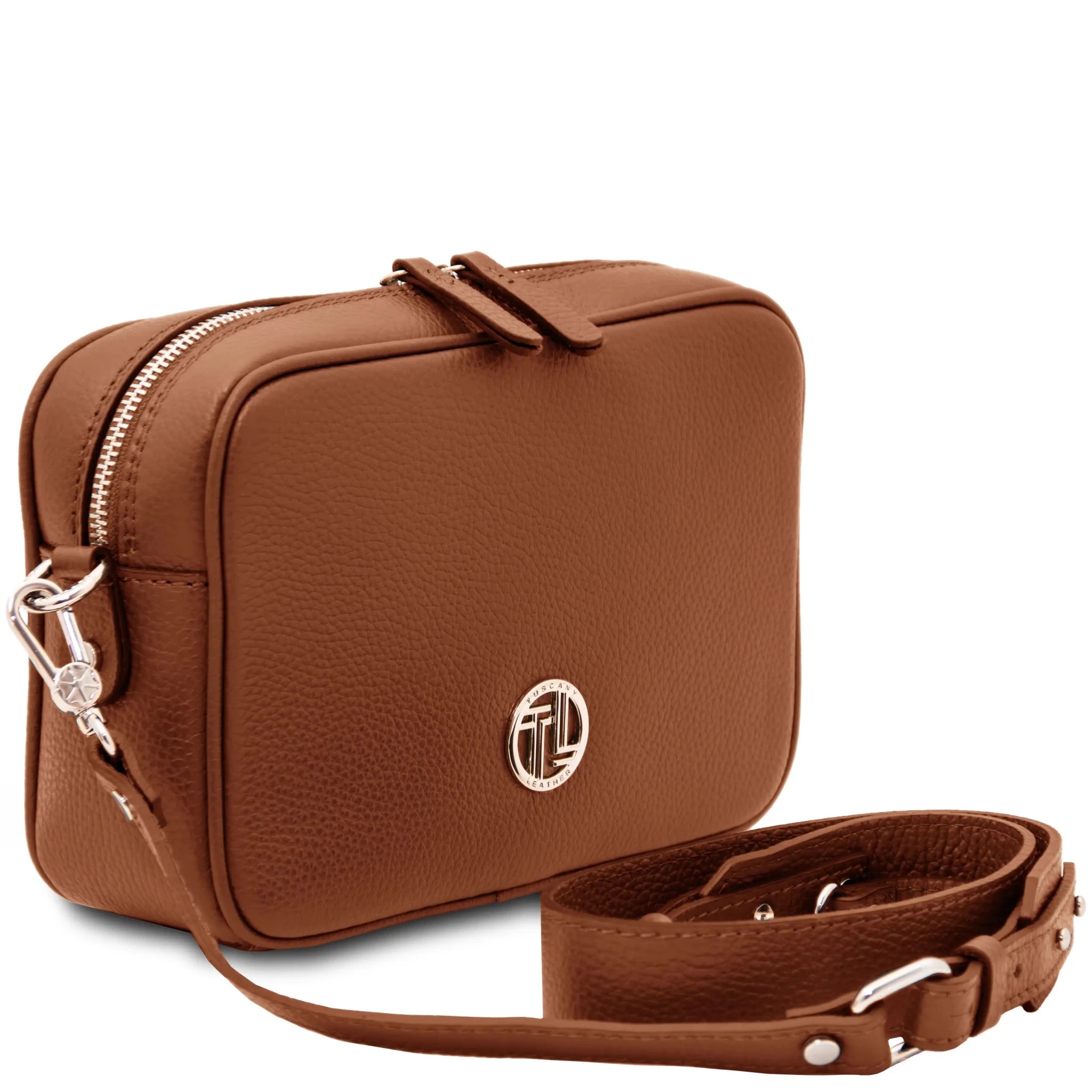 Angled front view Cubetto Italian Leather Shoulder Bag in Cognac with shoulder strap