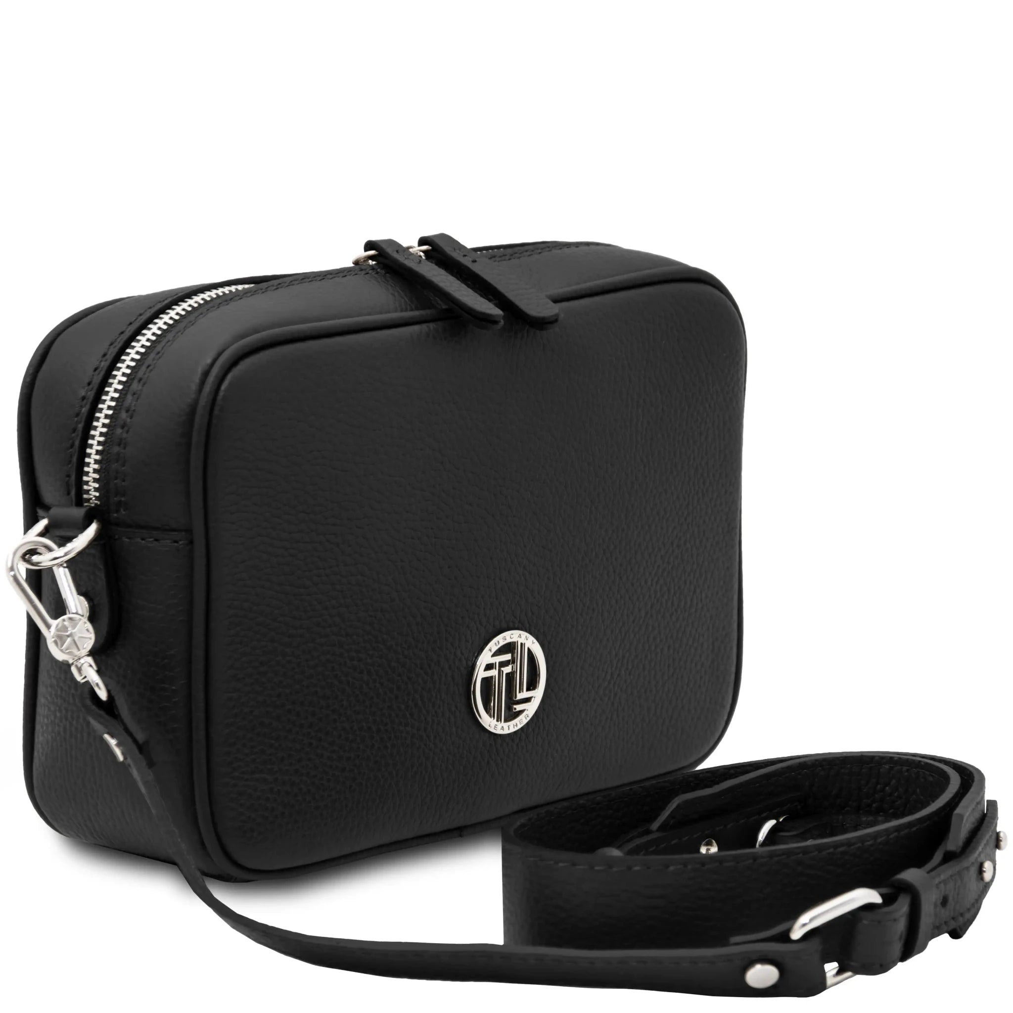 Angled front view Cubetto Italian Leather Shoulder Bag in Black with shoulder strap