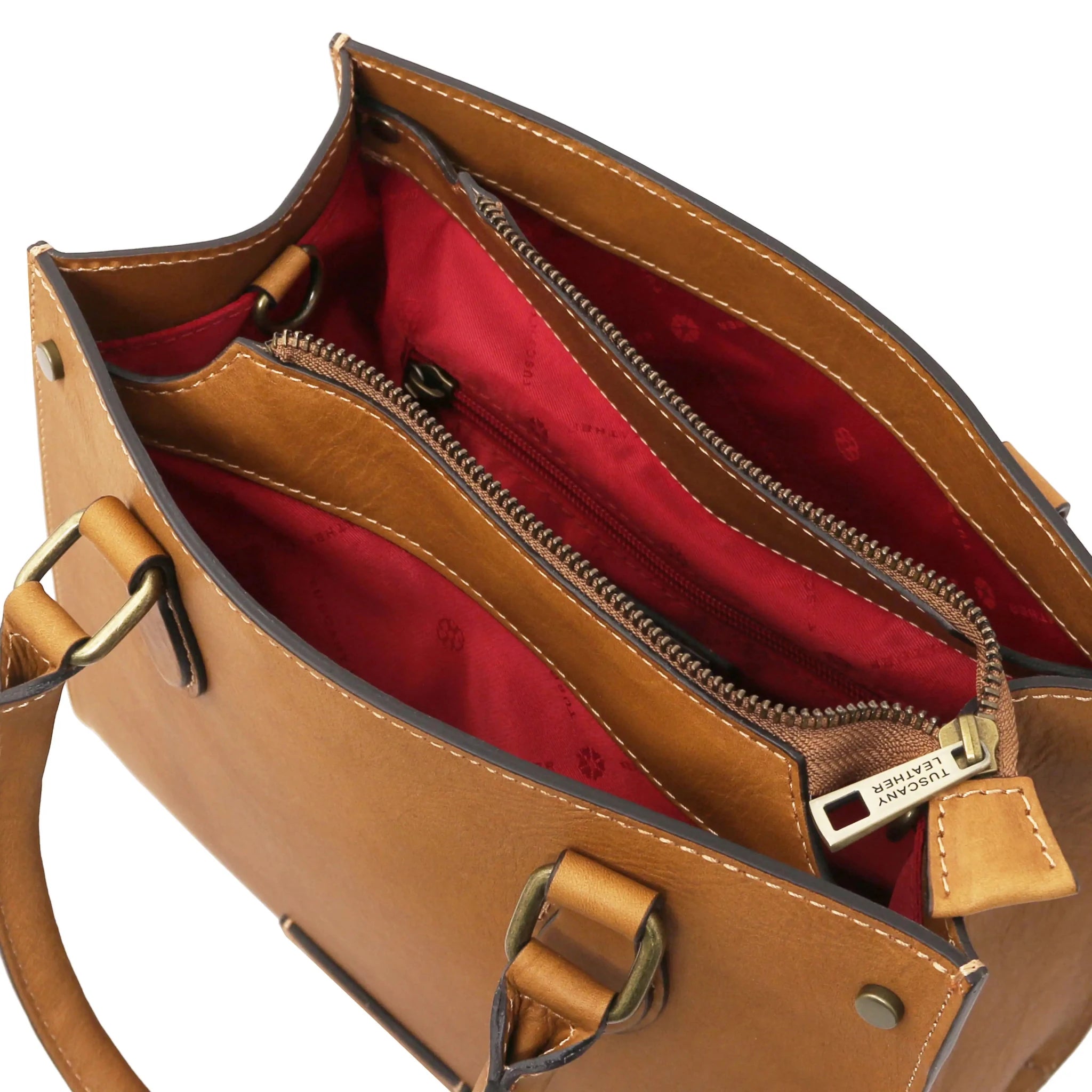 Interior red lining view Dama Leather Handbag in natural