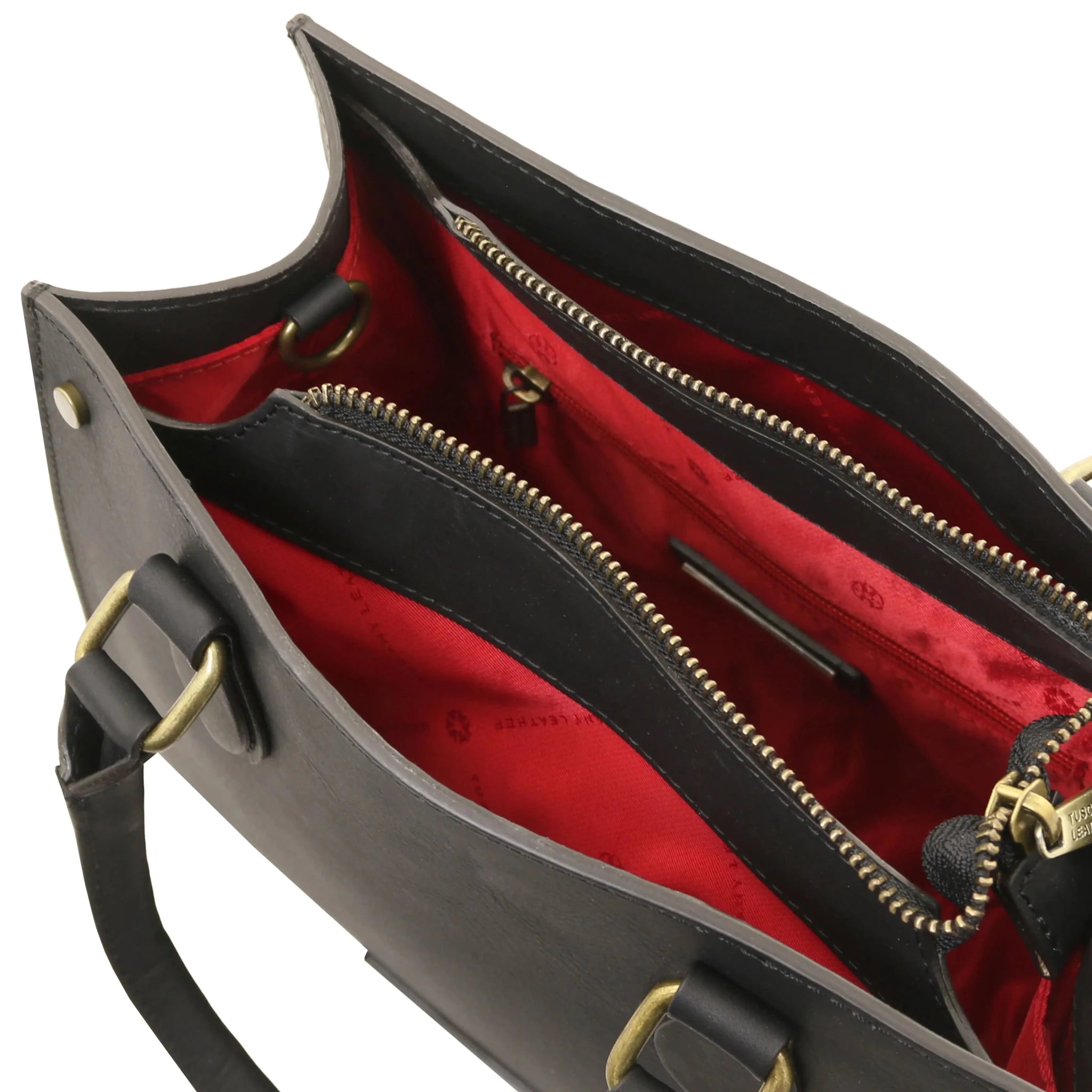 Interior red lining view Dama Textured Italian Leather Handbag in black