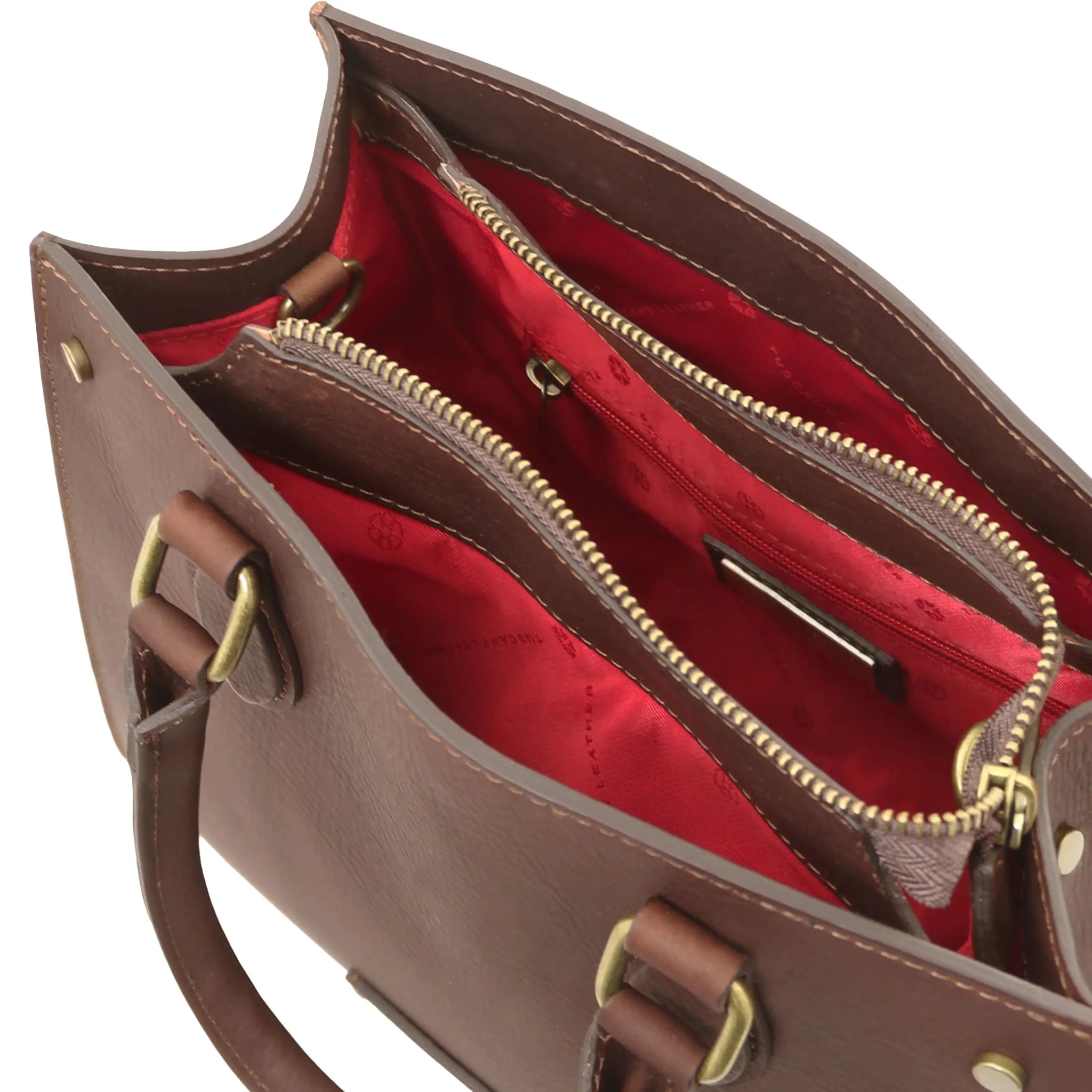 Interior red lining view Dama Leather Handbag in dark brown