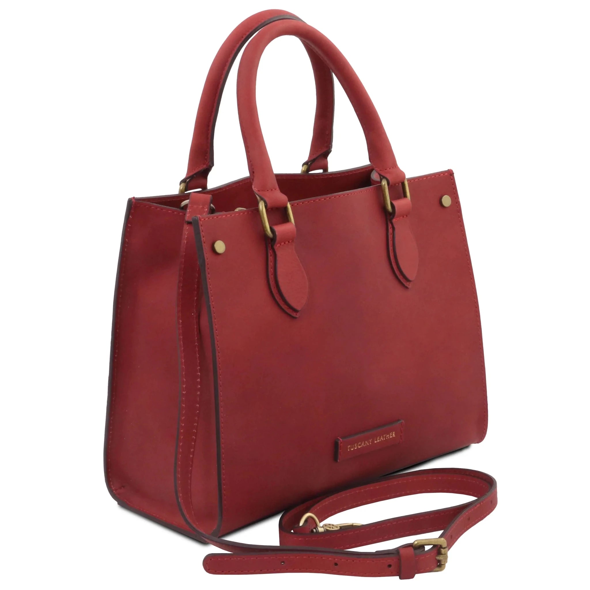Front angled view Dama Leather Handbag in red wth removable shoulder strap