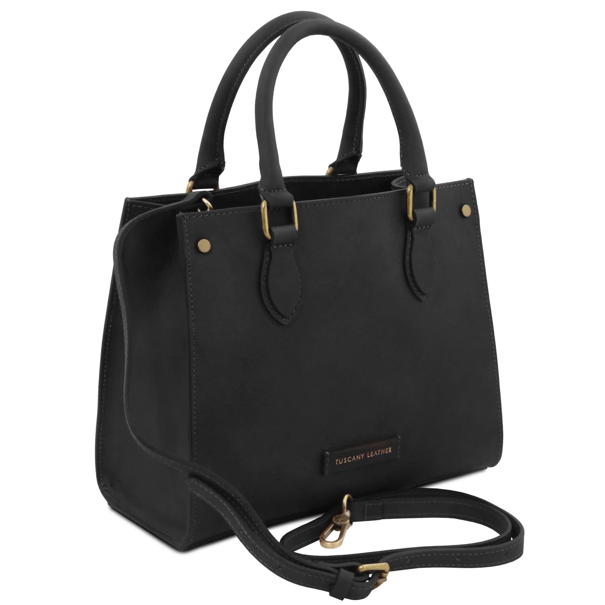 Front angled view Dama Leather Handbag in black with removable shoulder strap