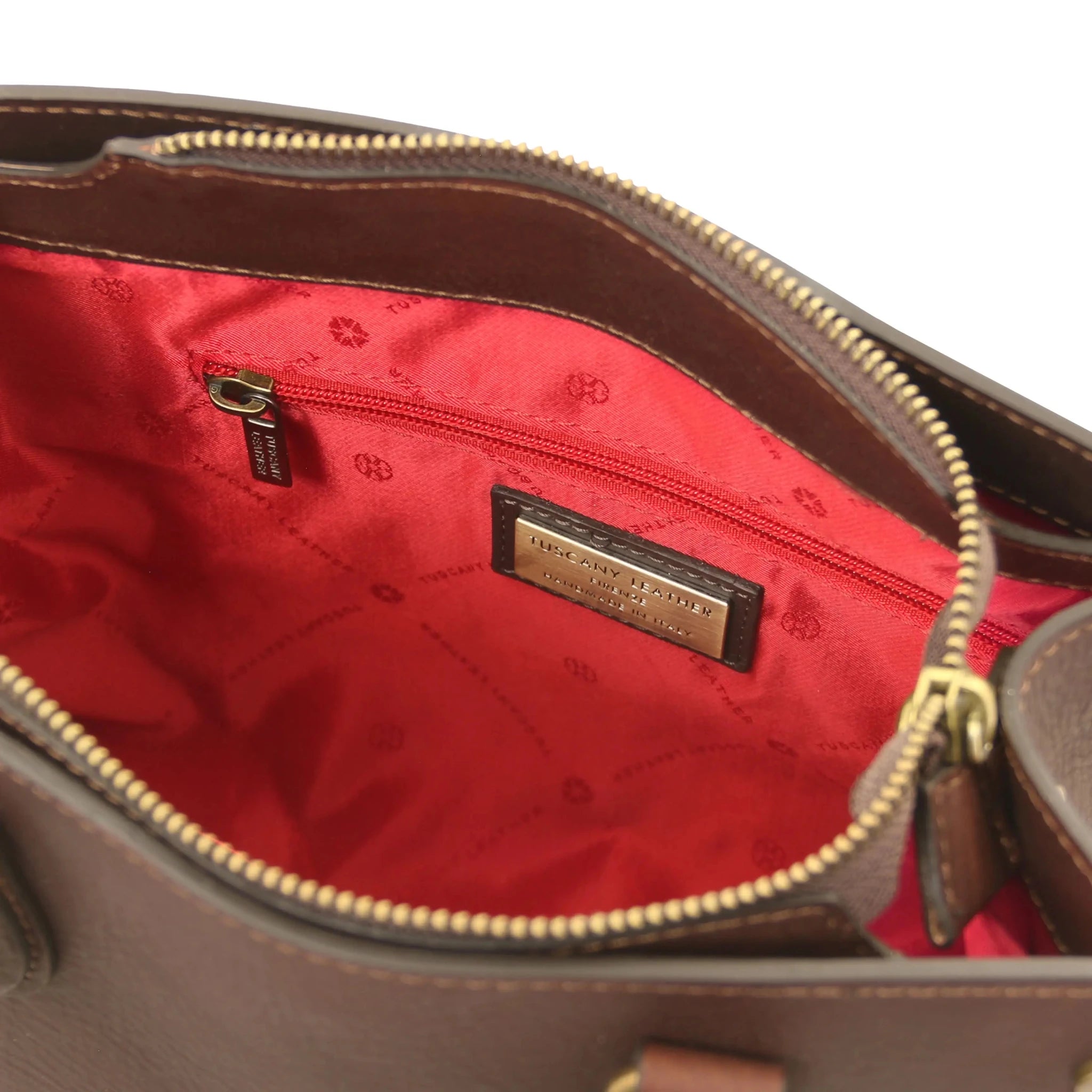 Interior zip pocket red lining view Dama Textured Italian Leather Handbag dark brown