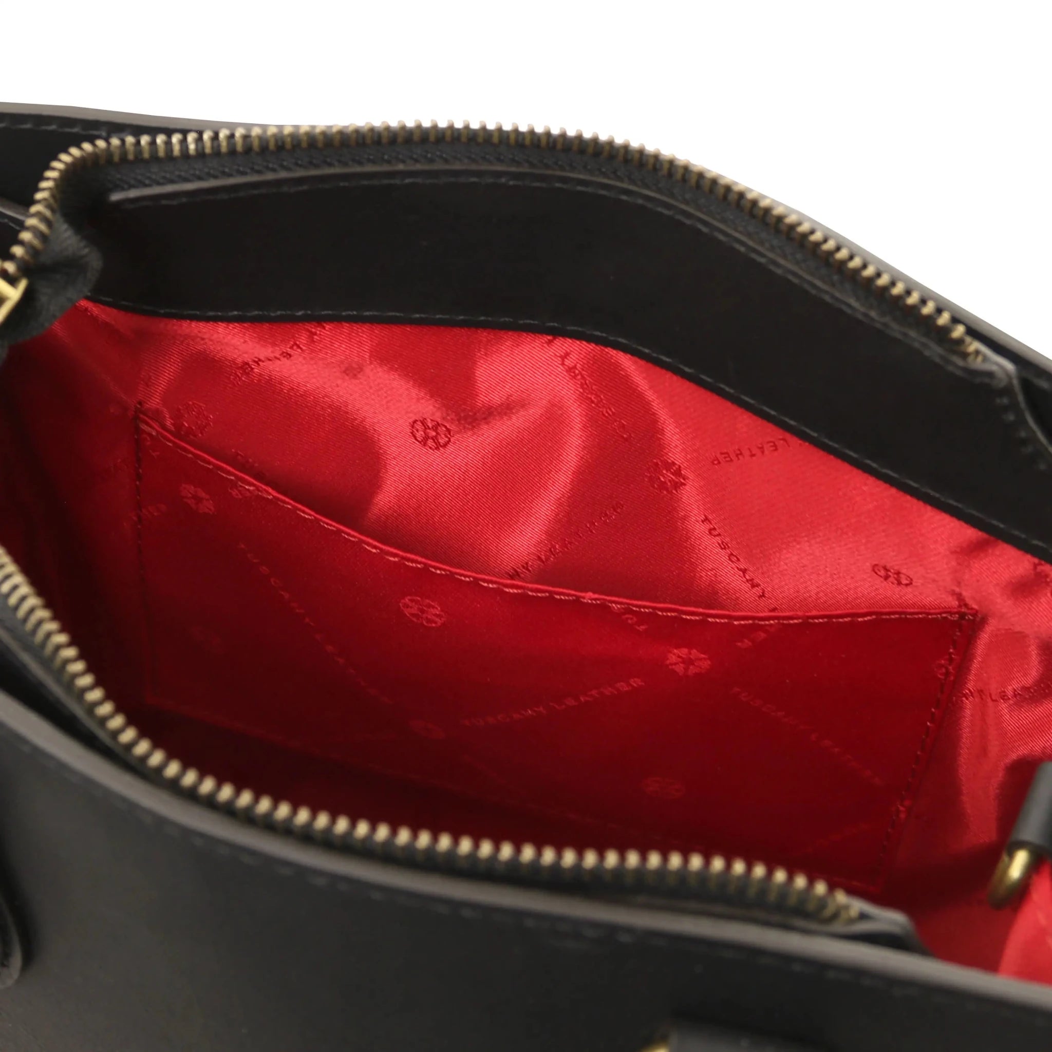 Interior open pocket red lining view Dama Textured Italian Leather Handbag in black