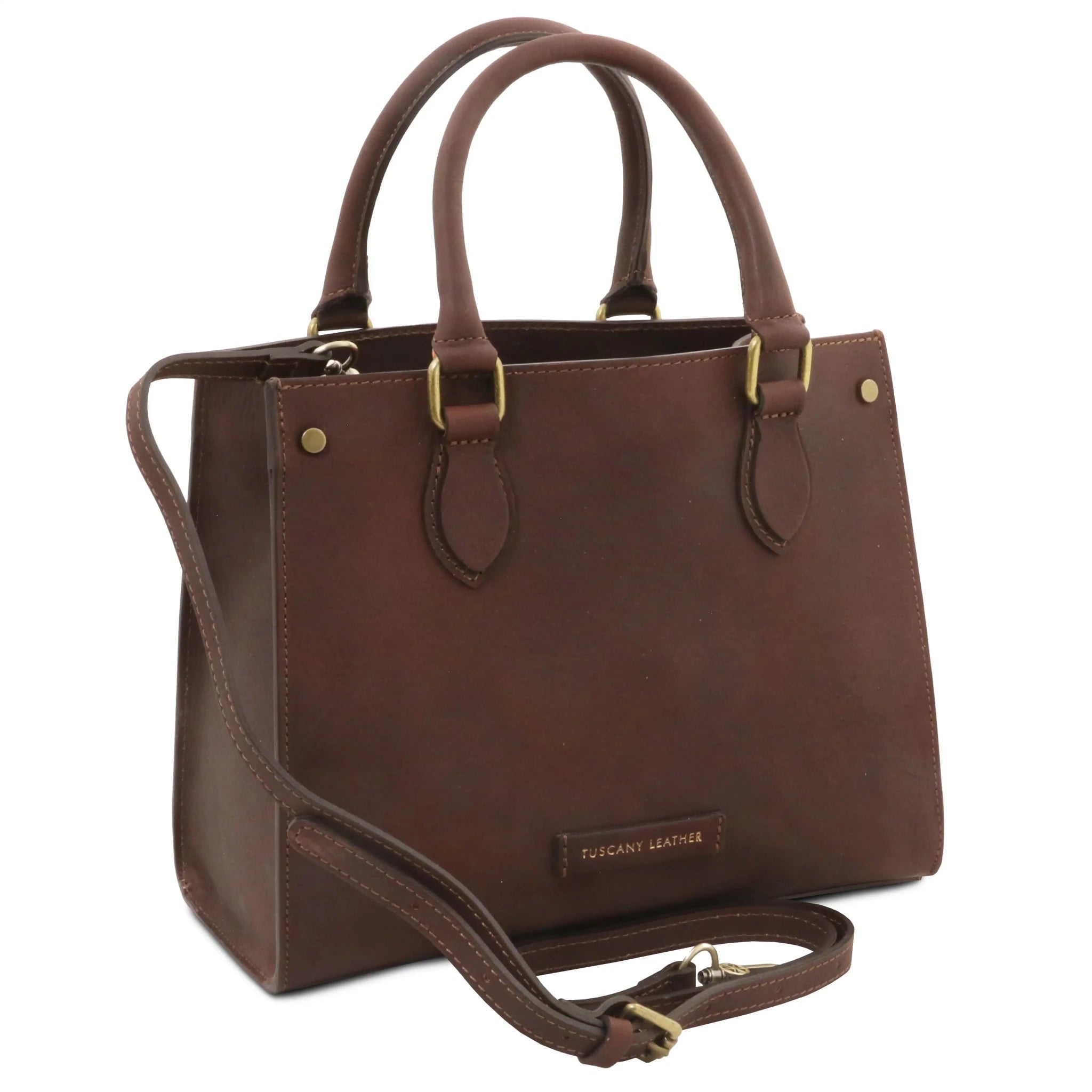 Front angled view Dama Leather Handbag dark brown with removable shoulder strap