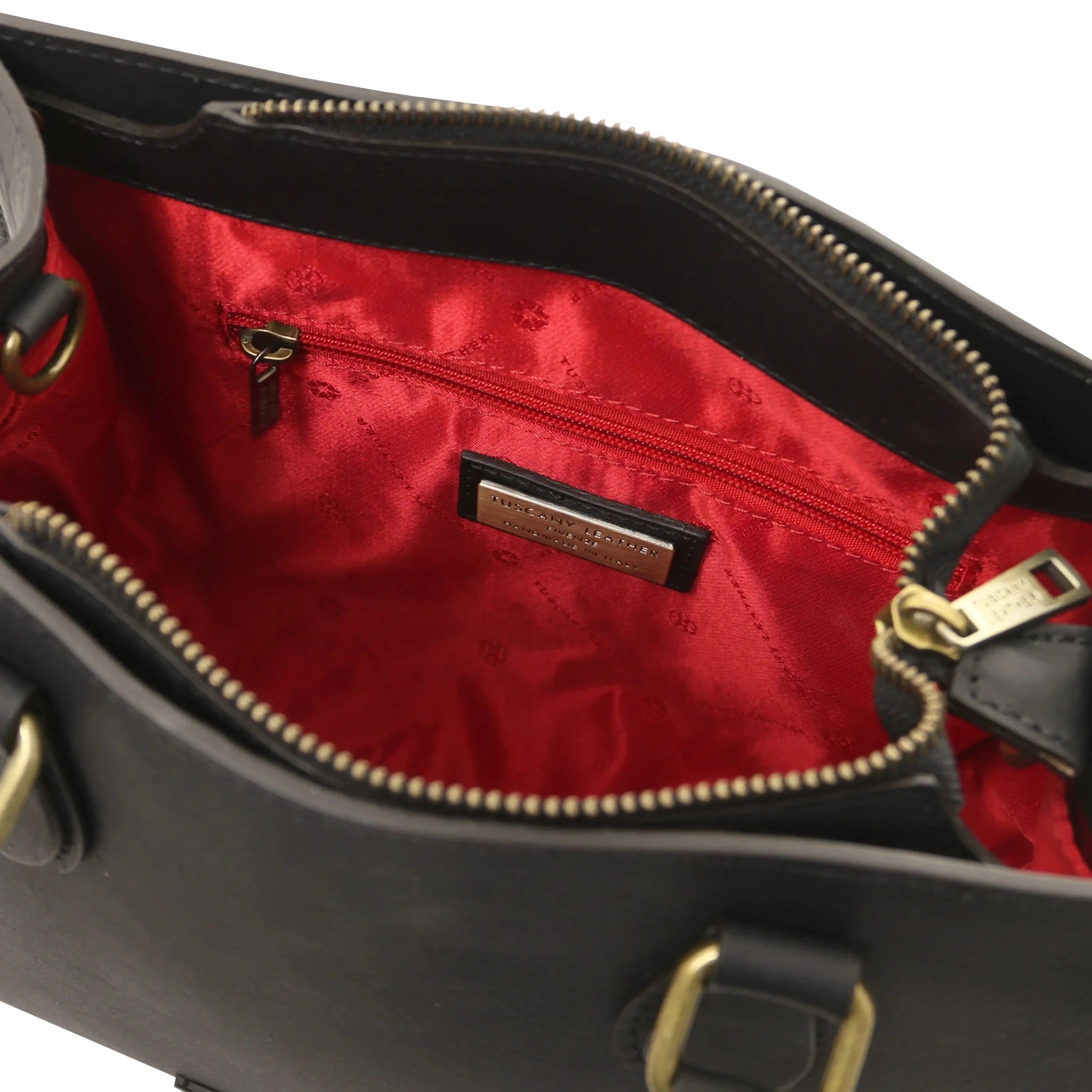 Interior zip pocket red lining view Dama Textured Italian Leather Handbag in black