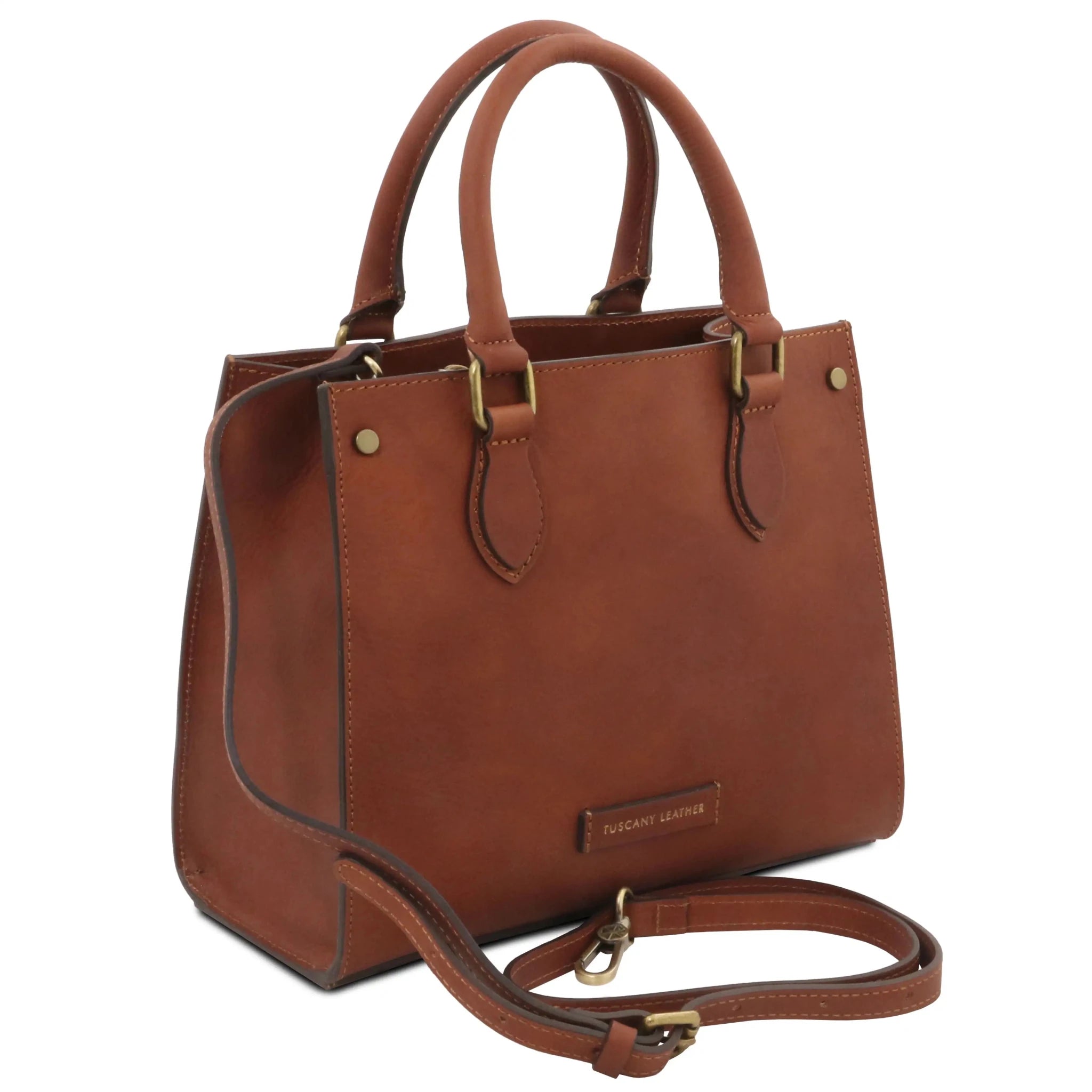 Interior open pocket red lining view Dama Leather Handbag in brown