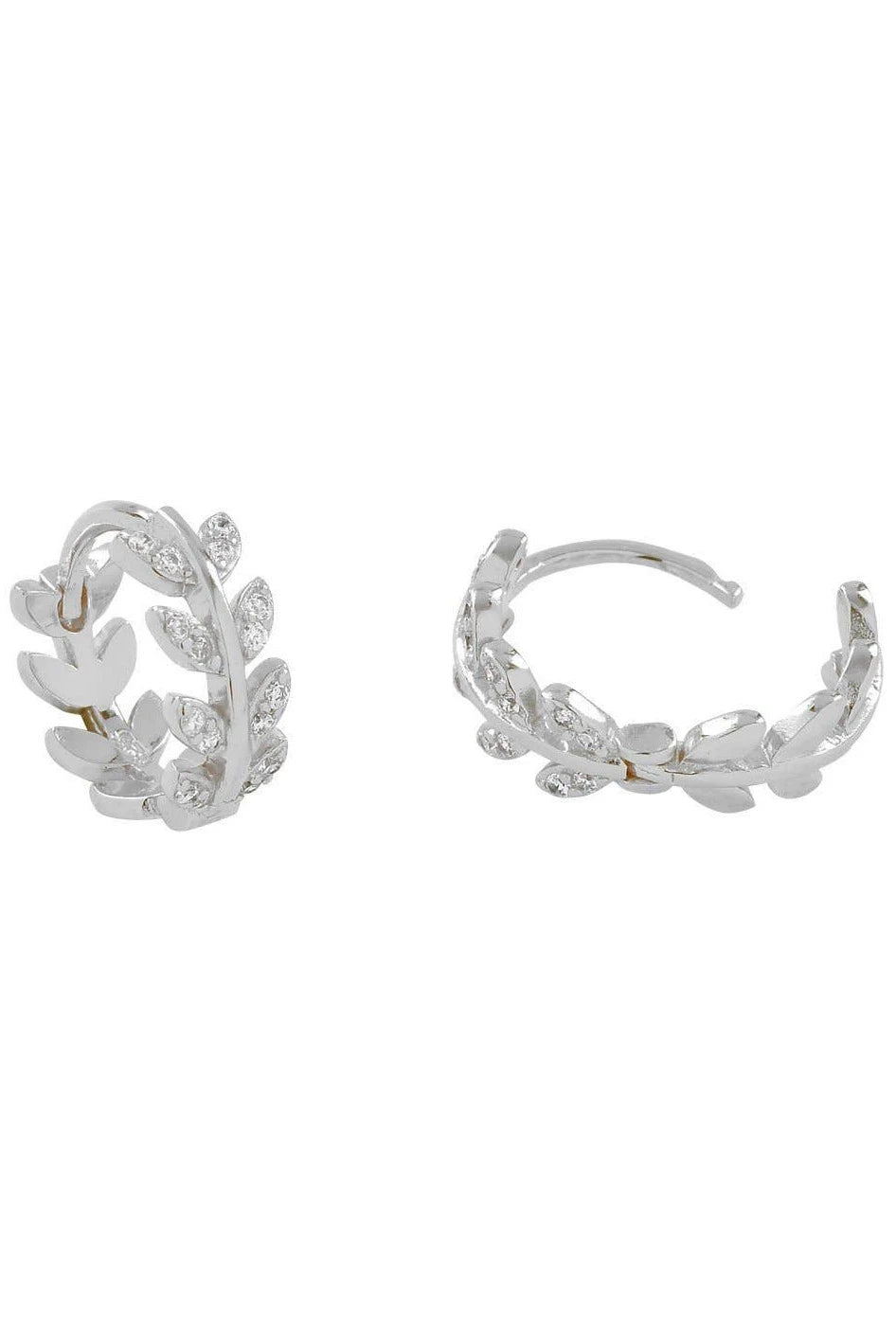 Close up image of the Dancing Leaves Cubic Zirconia Huggie Hoop Gold Earrings on a white background and showing the CZ's sparkle