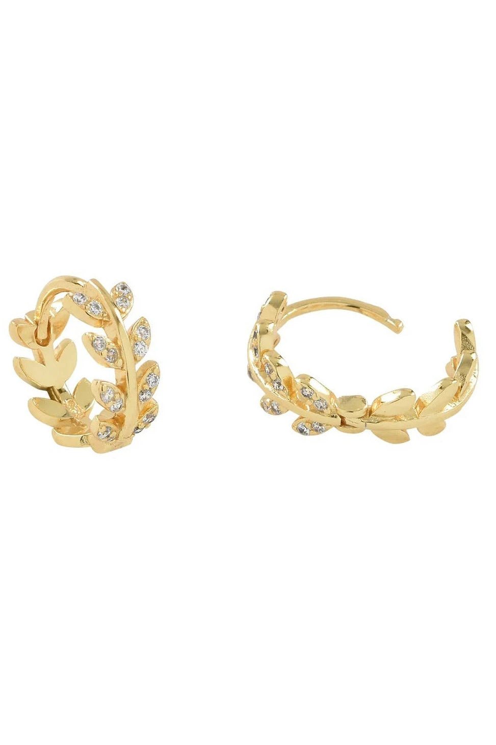 Close up image of the Dancing Leaves Cubic Zirconia Huggie Hoop Gold Earrings on a white background and showing the CZ's sparkle