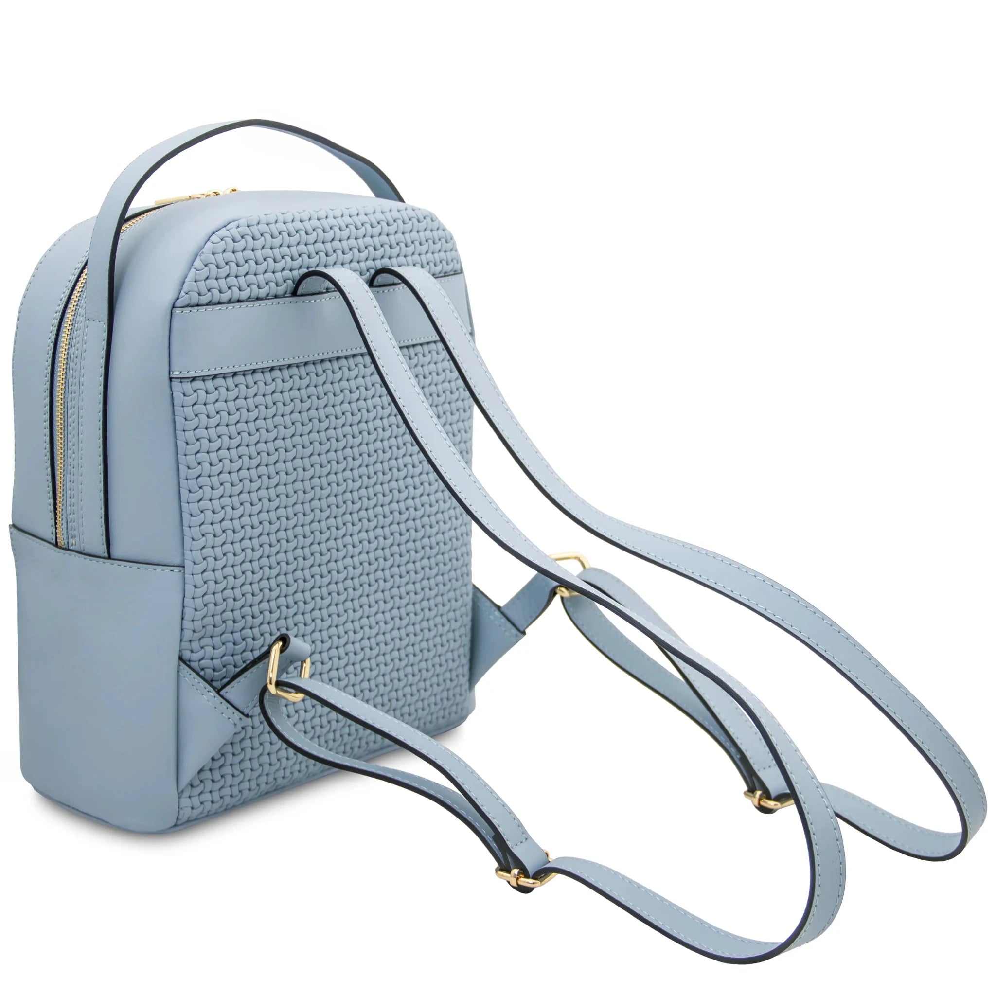 Back shoulder strap view Dedalo Leather Backpack in light blue
