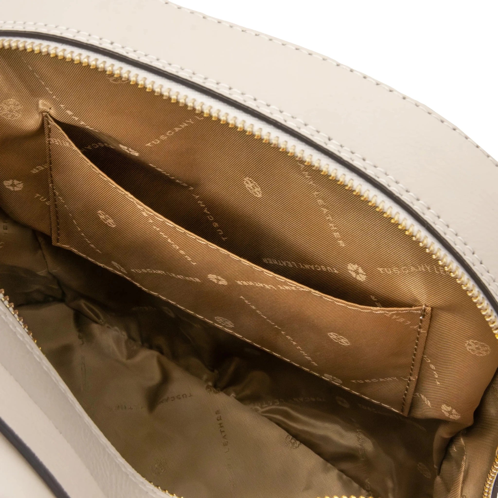 Interior open pocket view Dedalo Leather Backpack in beige with tan lining