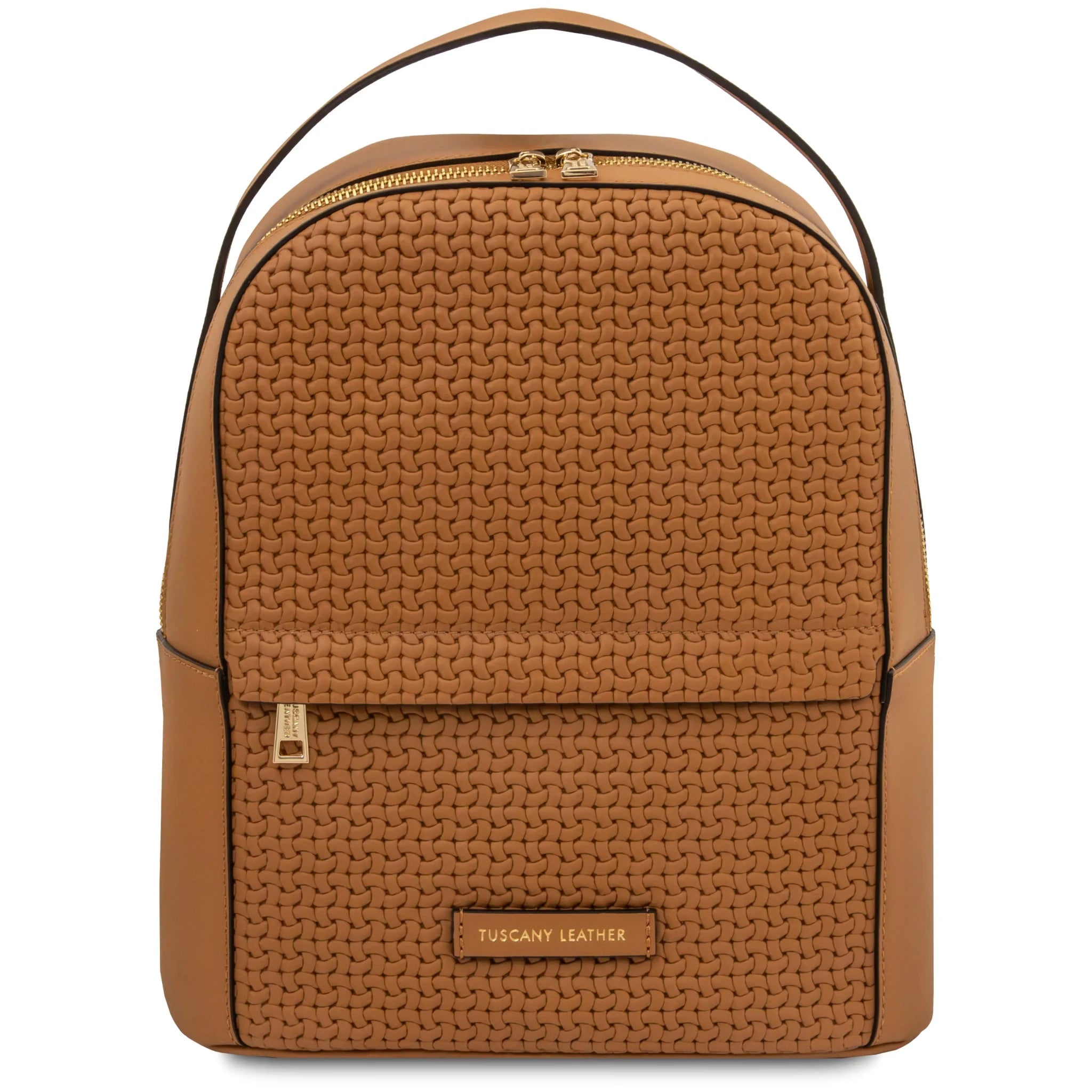 Front view Dedalo Woven Printed Italian Leather Backpack in cognac