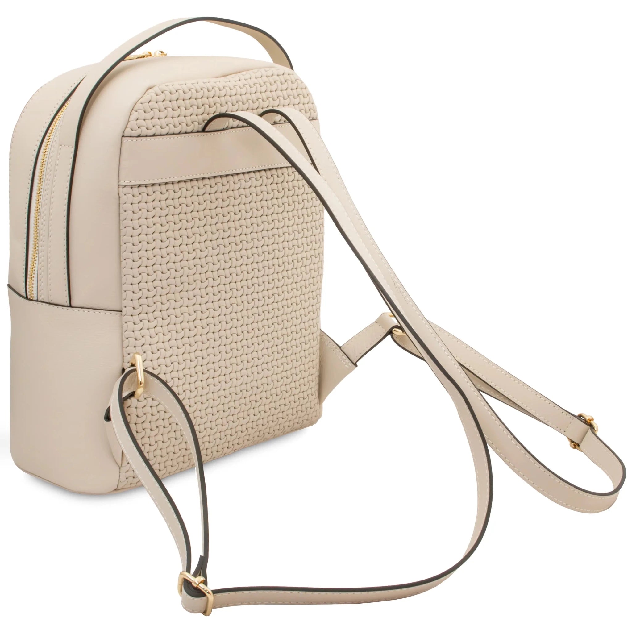 Back shoulder strap view Dedalo Woven Printed Italian Leather Backpack in beige