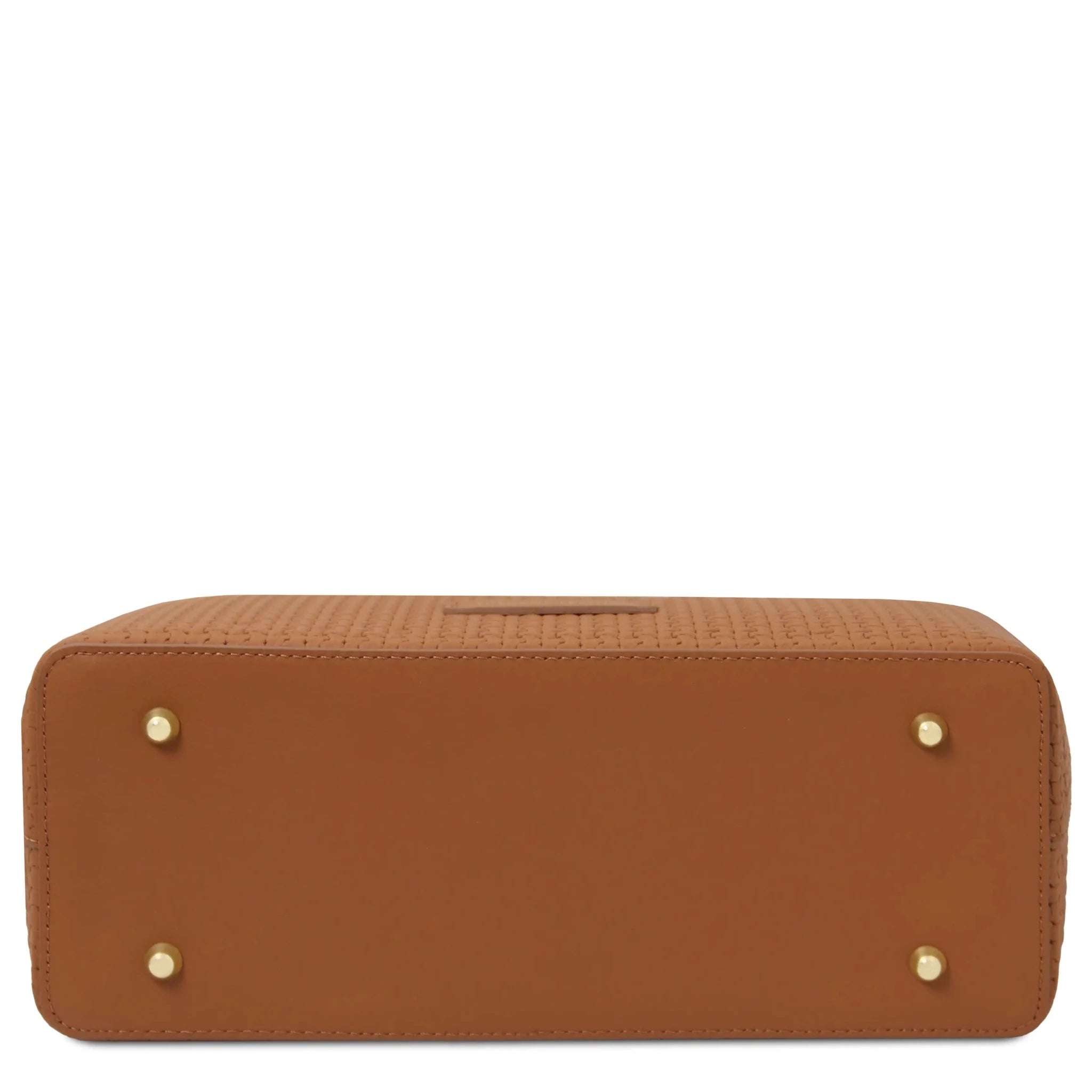 Bottom gold protective metal feet view Dedalo Woven Leather Shopping Bag in cognac