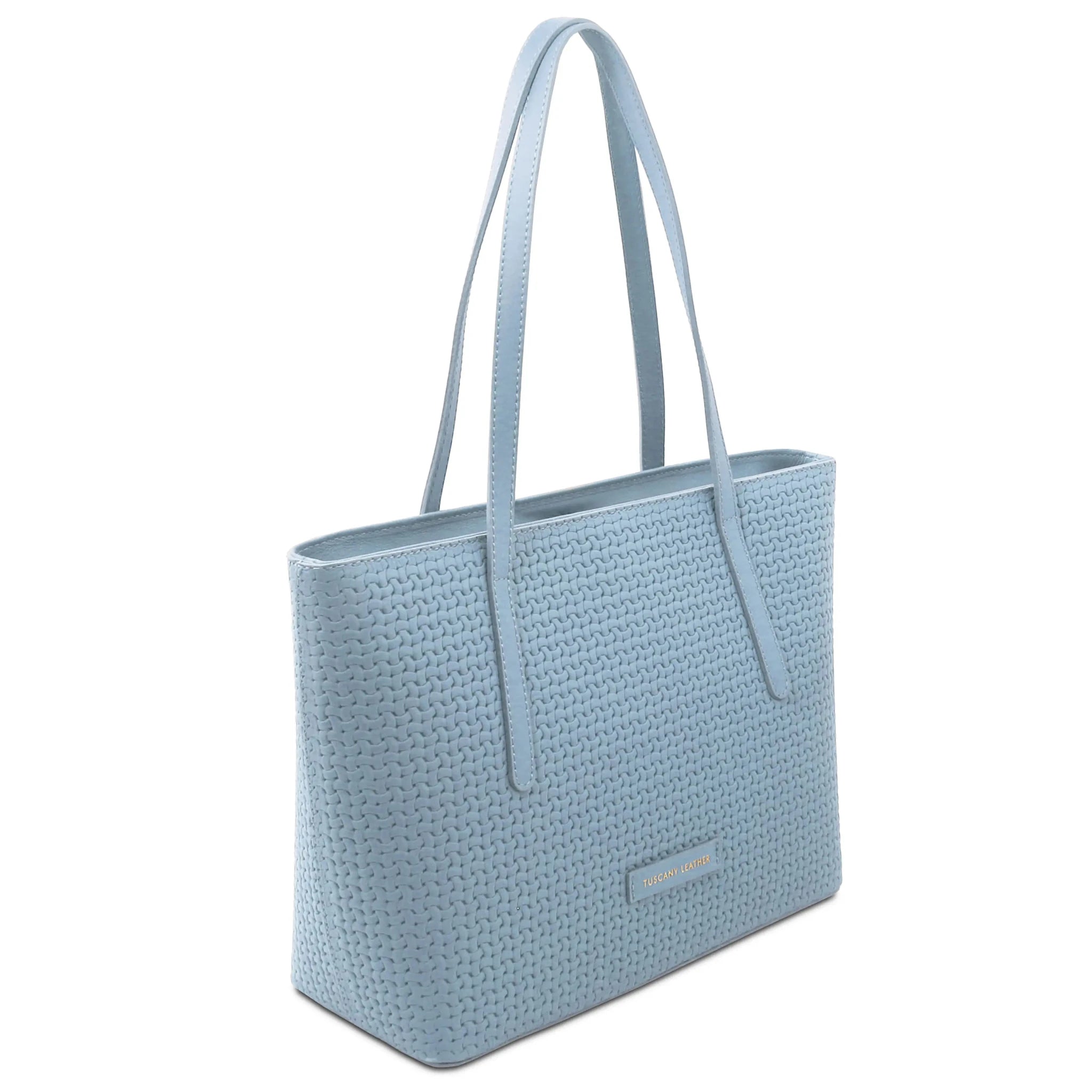 Front angled view Dedalo Woven Leather Shopping Bag in light blue with gold branding