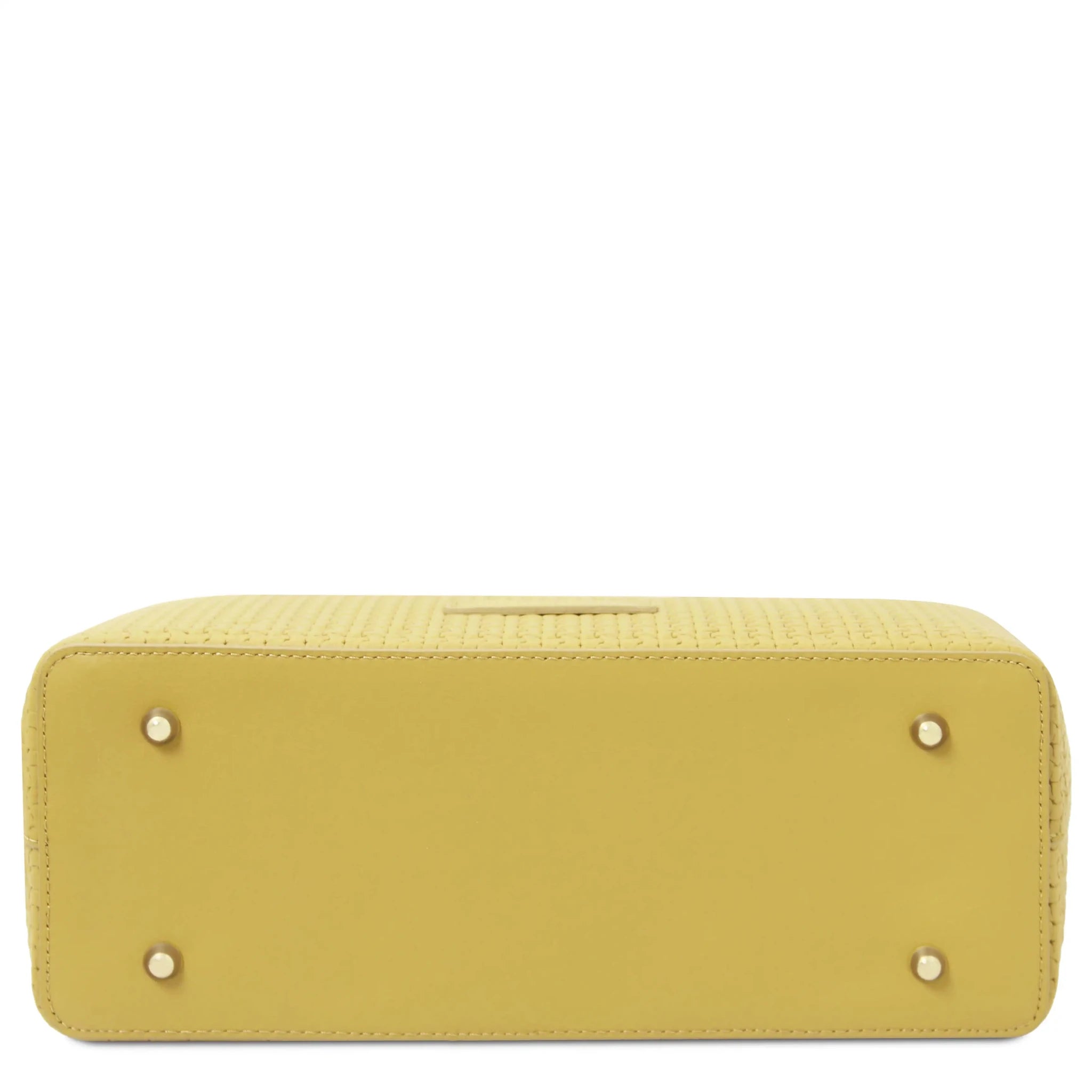 Bottom gold protective metal feet view Dedalo Woven Leather Shopping Bag in pastel yellow