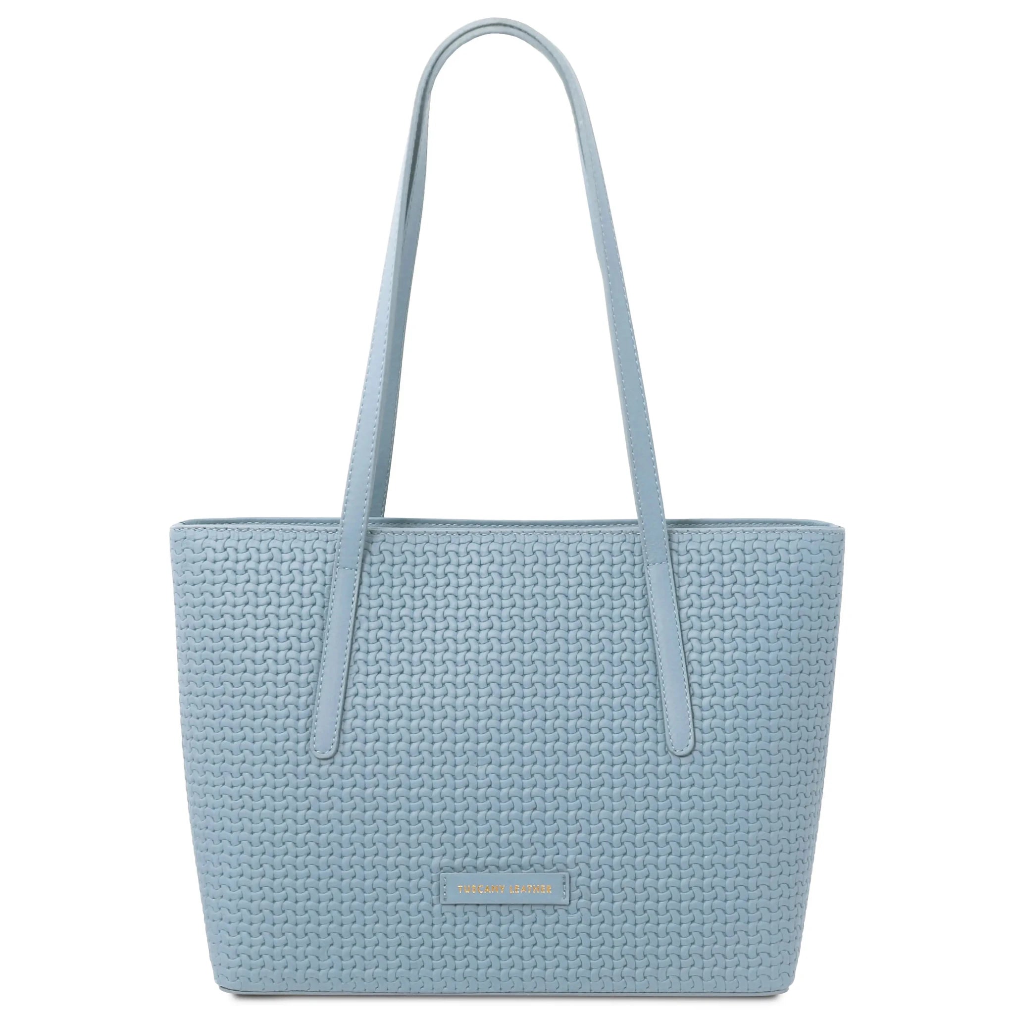 Front view Dedalo Woven Leather Shopping Bag in light blue with gold branding