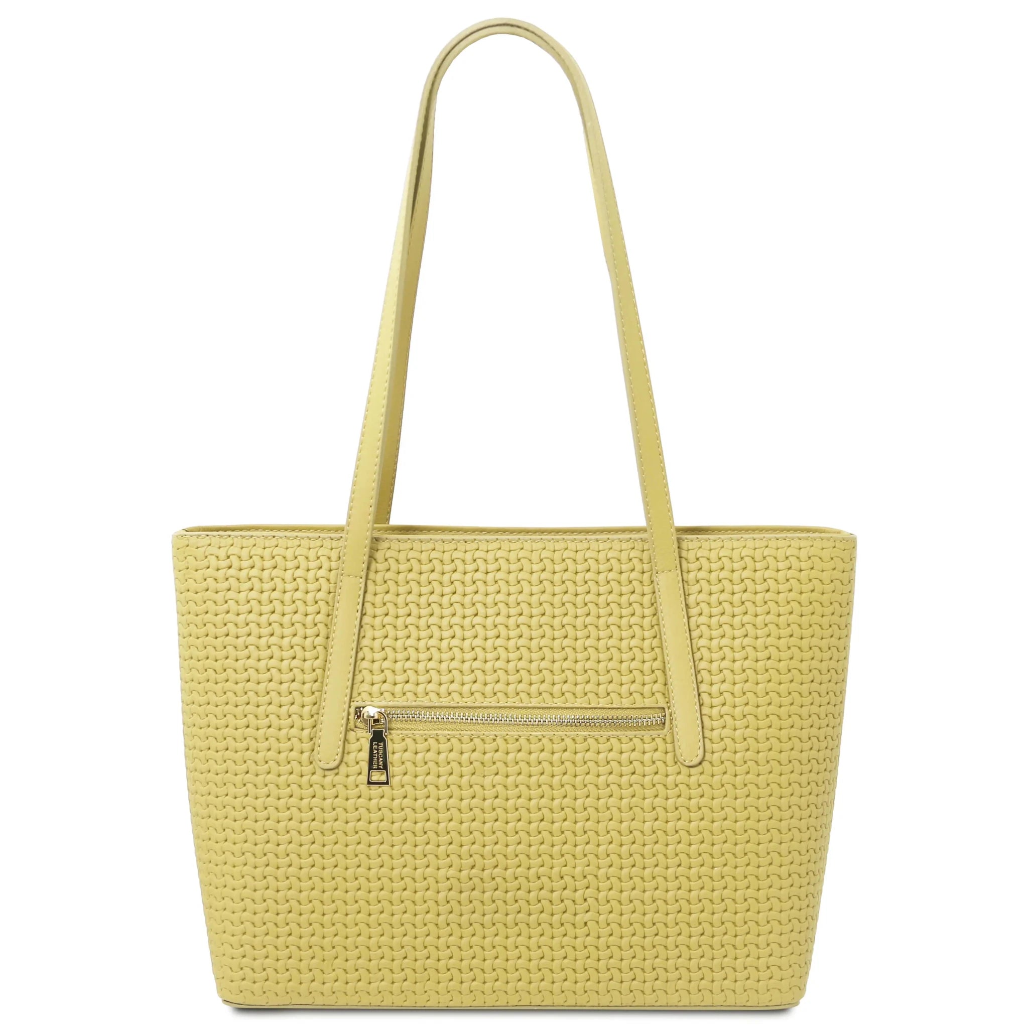 Back view Dedalo Woven Leather Shopping Bag in pastel yellow with zipper