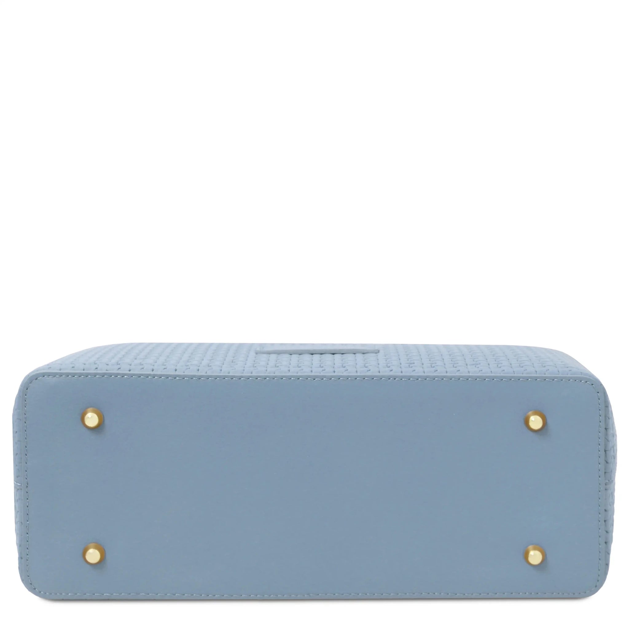 Bottom gold protective metal feet view Dedalo Woven Leather Shopping Bag in light blue