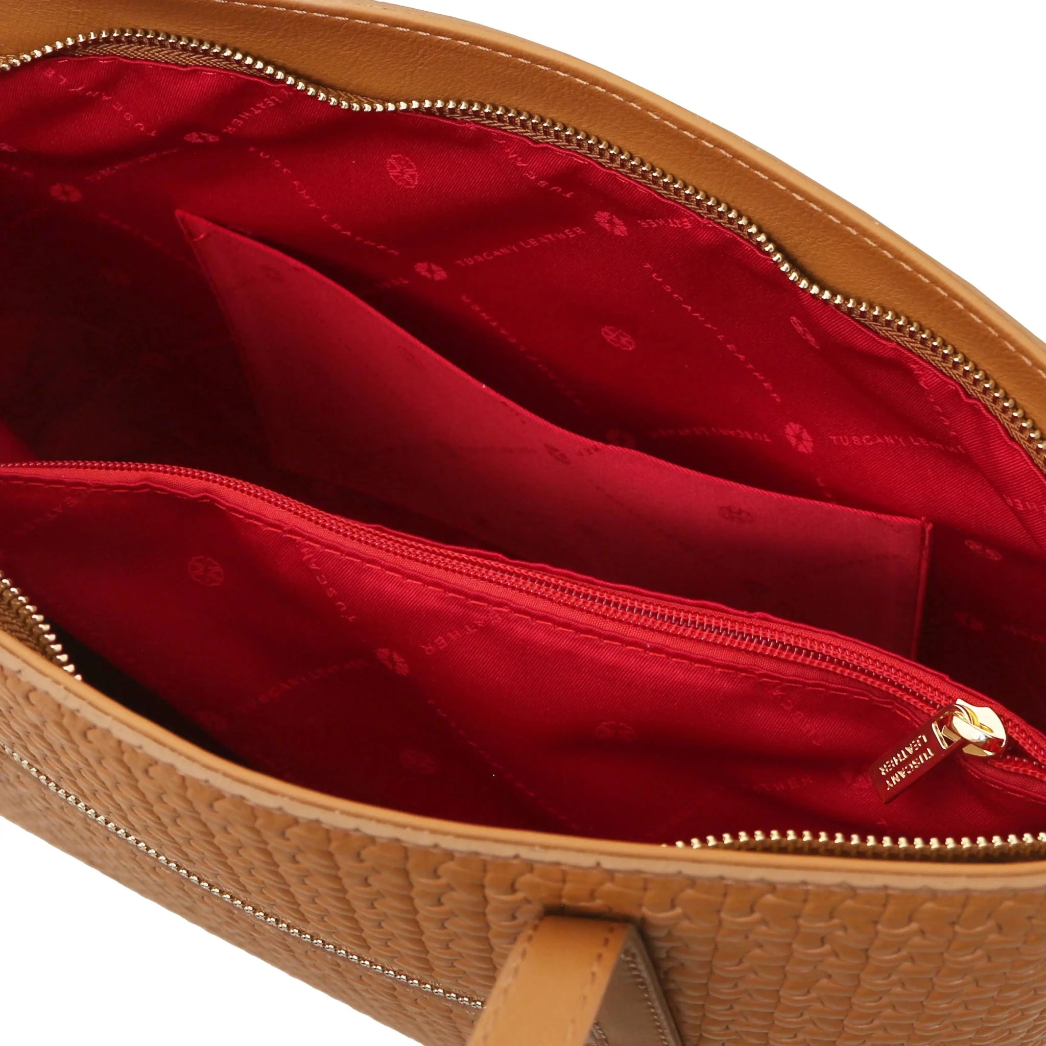 Interior open pocket view Dedalo Woven Leather Shopping Bag in cognac with red lining