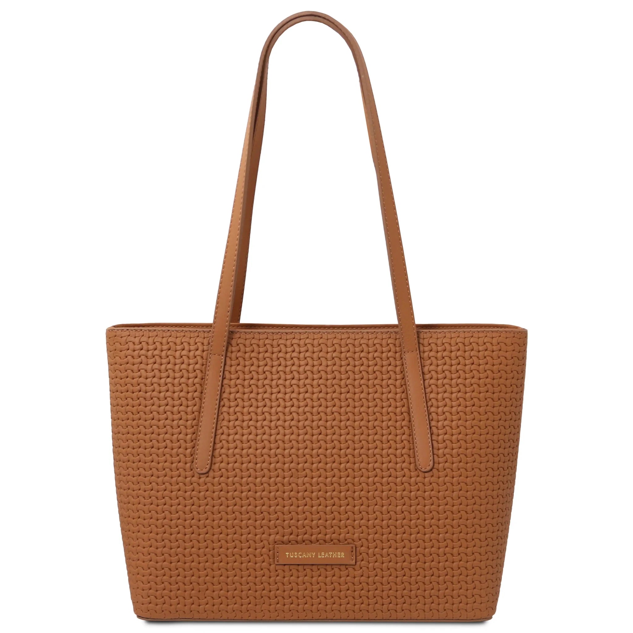 Front view Dedalo Woven Leather Shopping Bag in cognac with gold branding