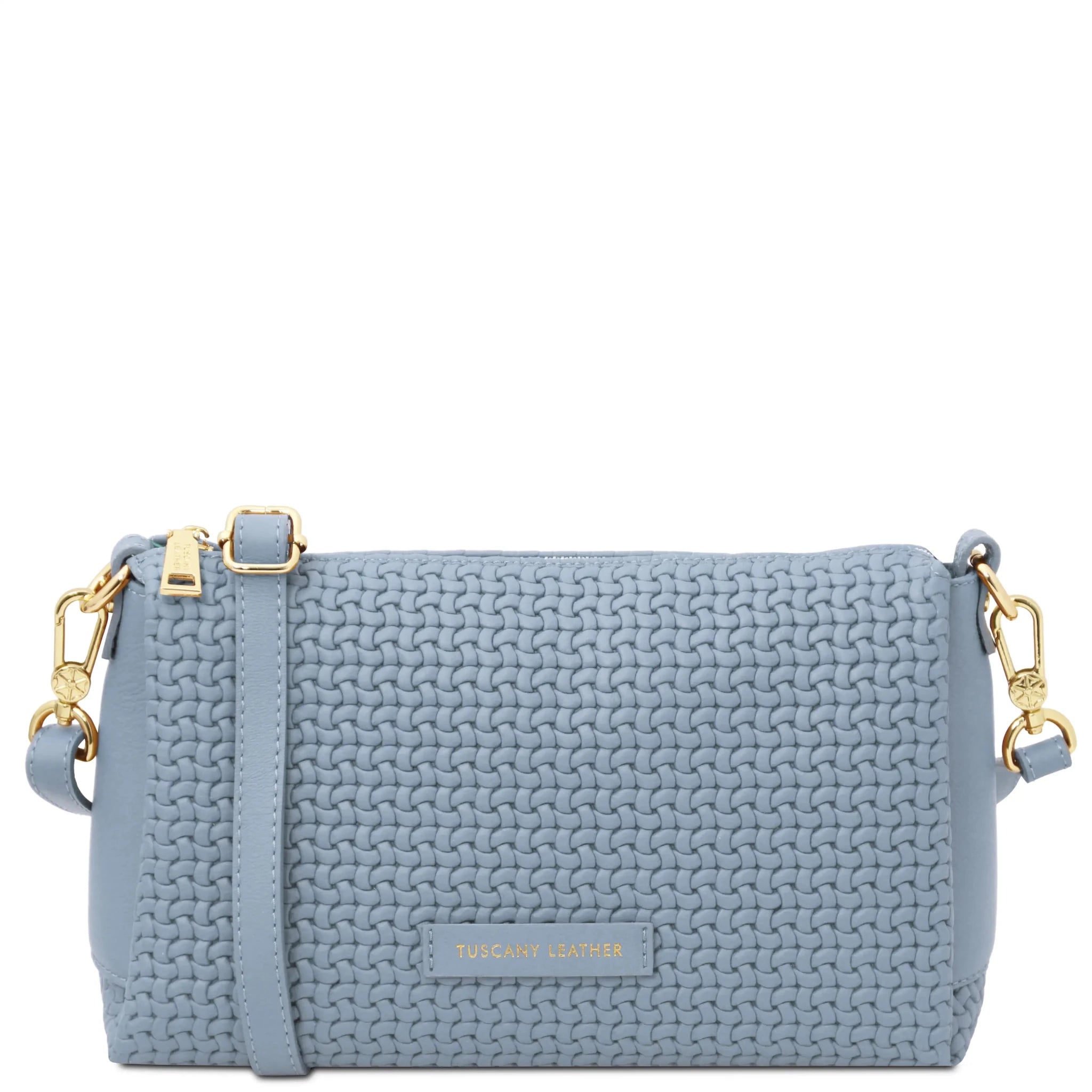 Front view Dedalo Woven Printed Italian Leather Shoulder Bag in Light Blue