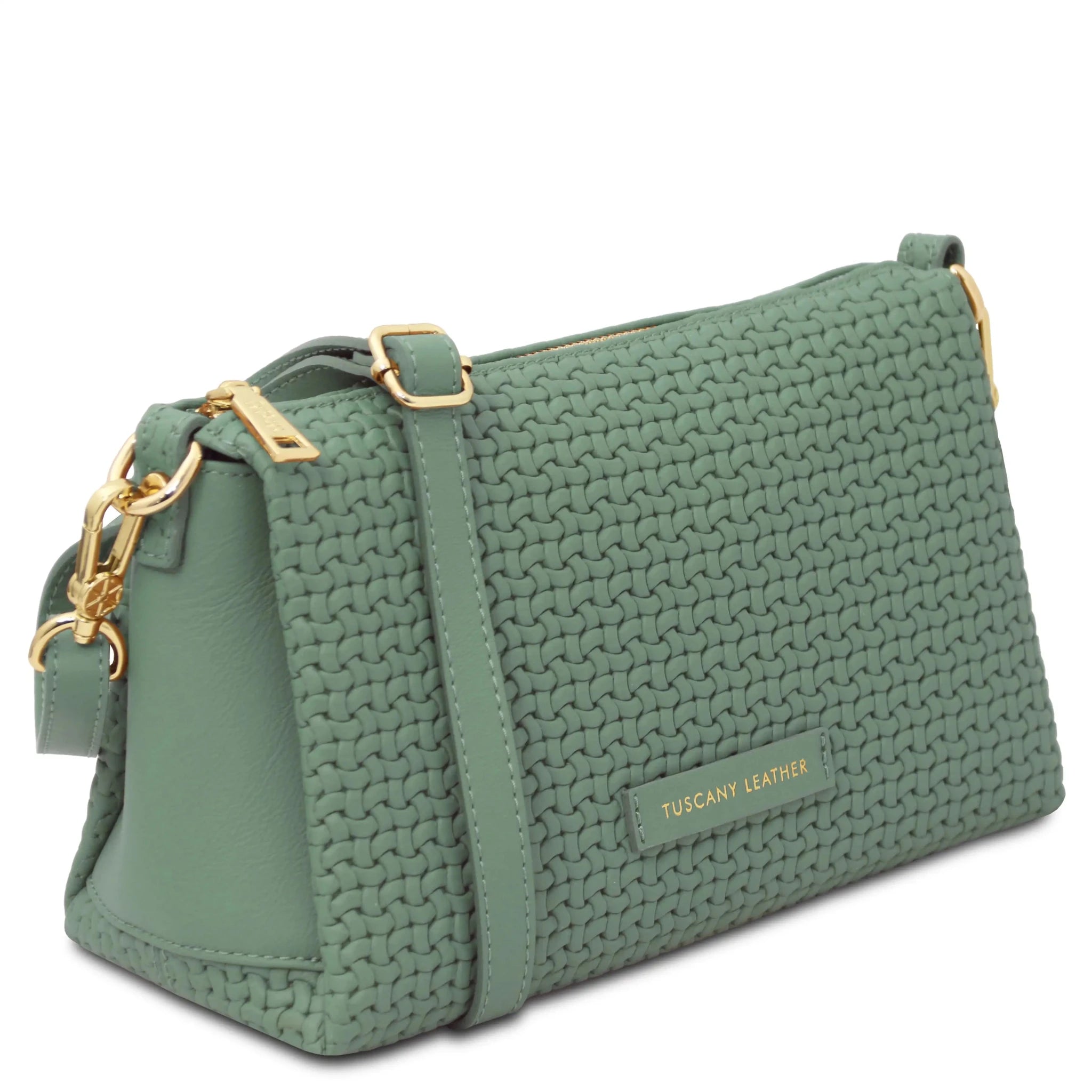 Front angled view Dedalo Woven Leather Shoulder Bag in Green