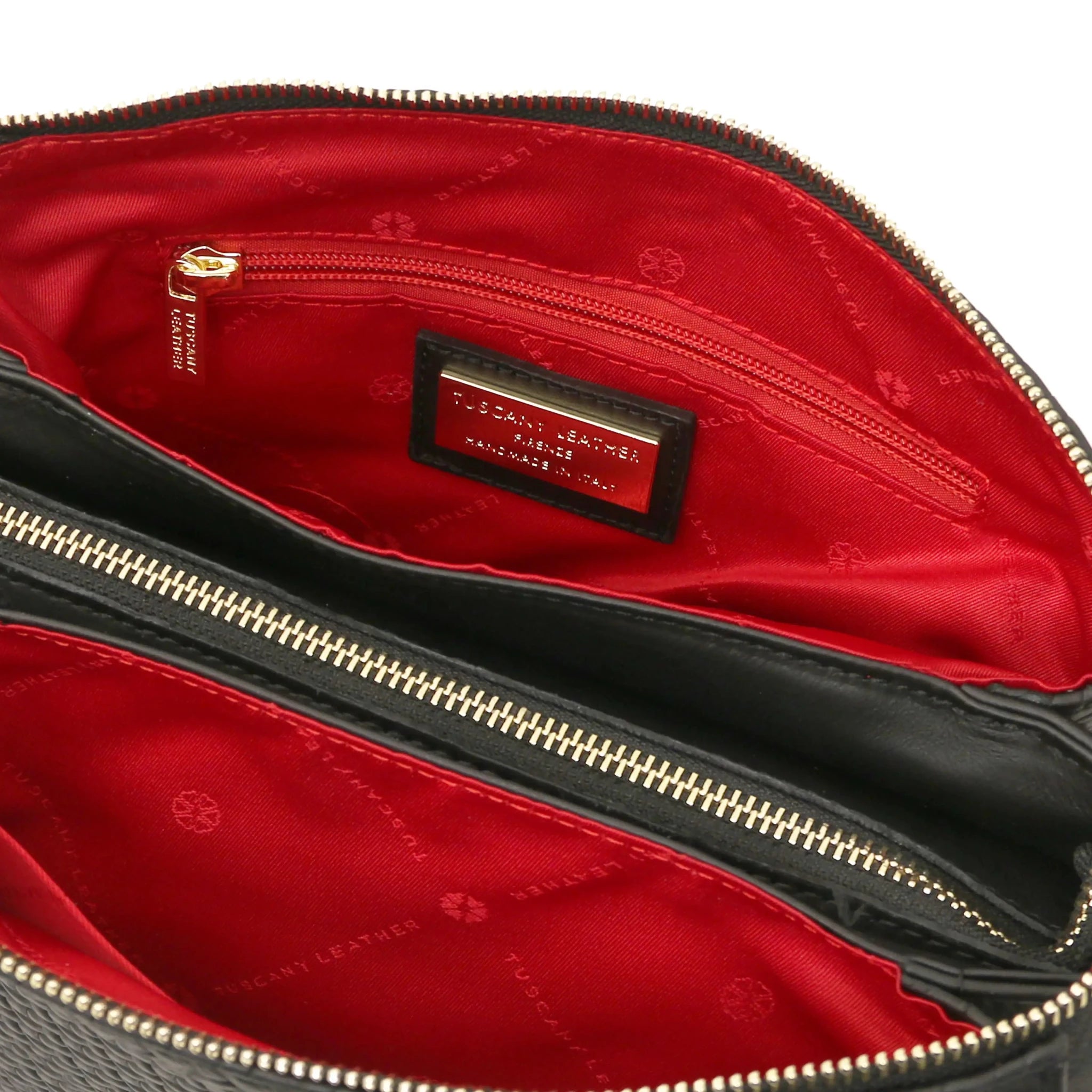 Zip pocket red lining view Dedalo Italian Leather Shoulder Bag in Black