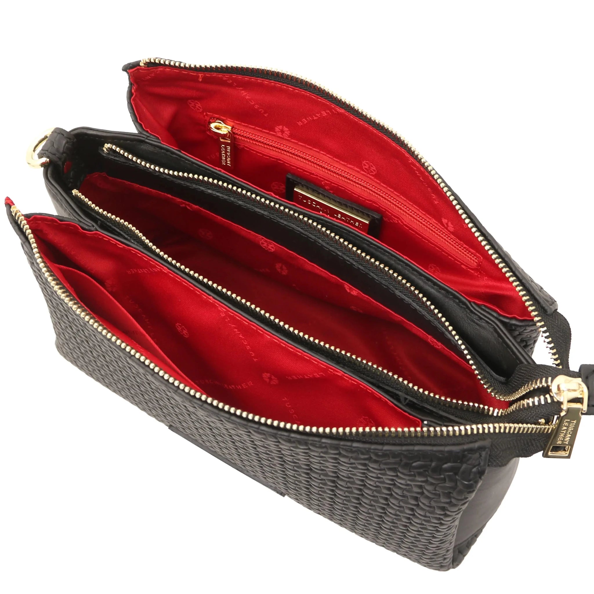 Top compartments view Dedalo Italian Leather Shoulder Bag in Black