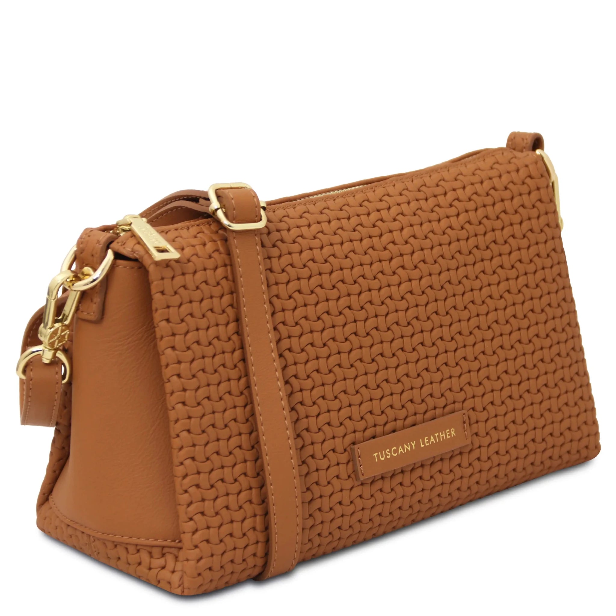 Front angled view Dedalo Woven Leather Shoulder Bag in Cognac