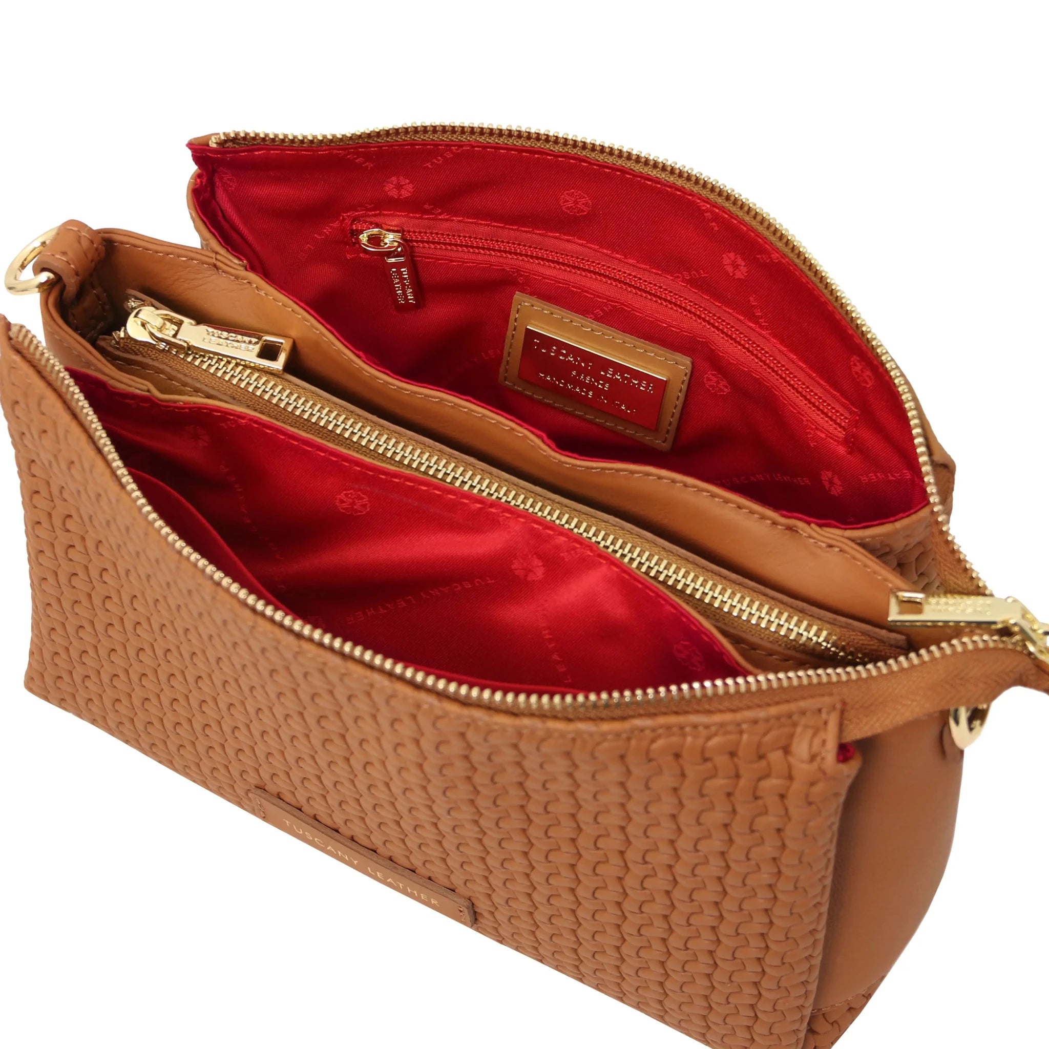 Interior zip pocket red lining view Dedalo Shoulder Bag in Cognac