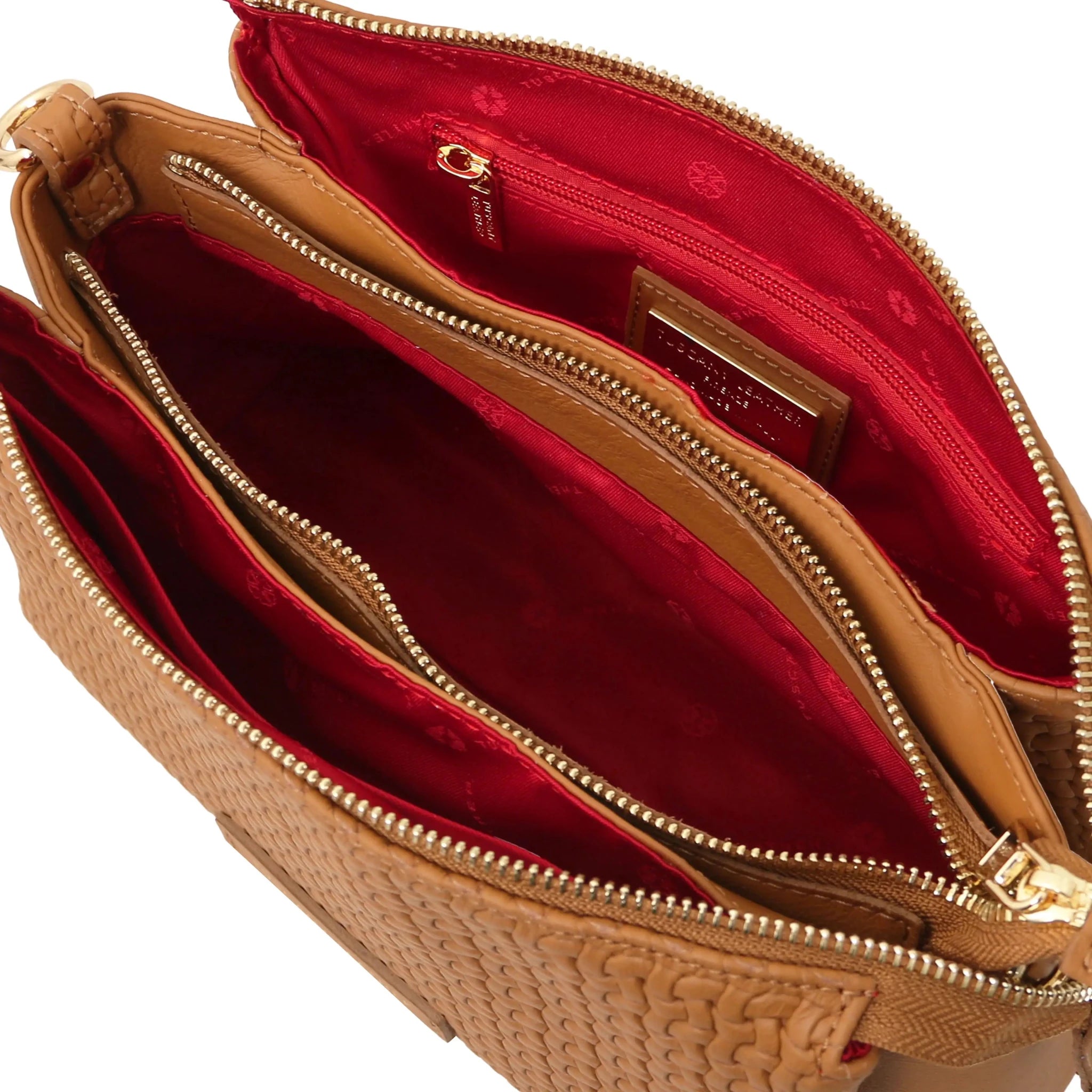 Top interior compartments red lining view Dedalo Italian Leather Shoulder Bag in Cognac