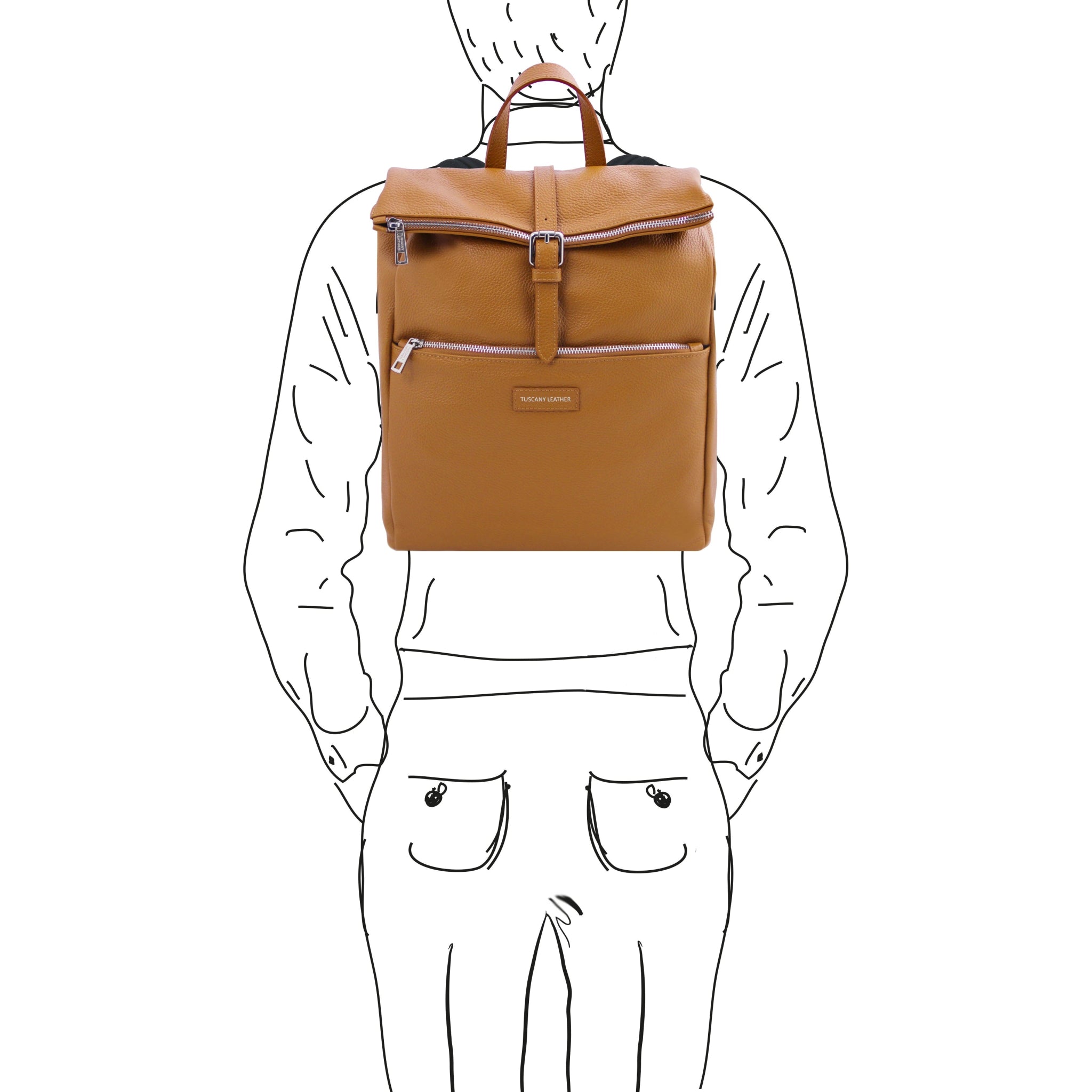 A black and white sketch of a man wearing the Denver Soft Italian Leather Backpack in Caramel
