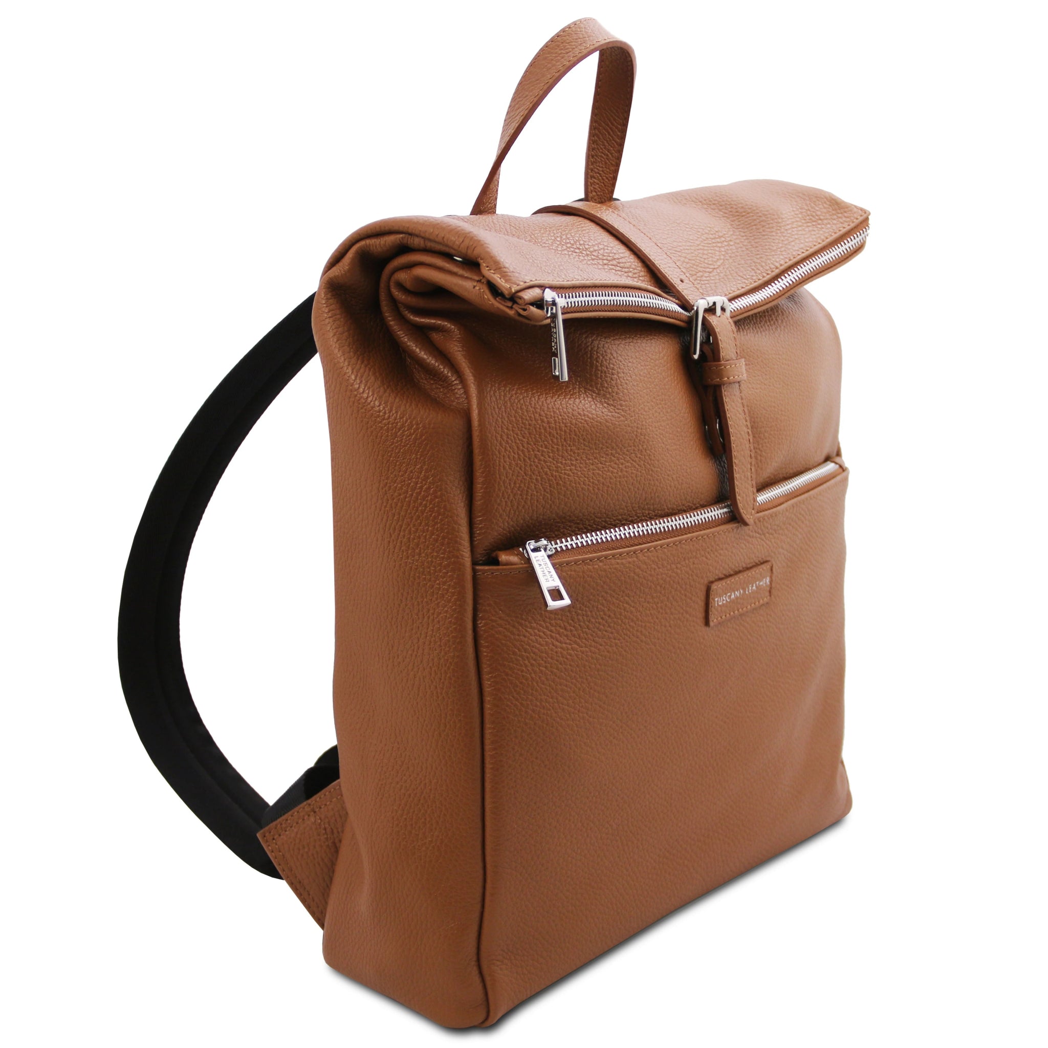 Side View Denver Soft Italian Leather Backpack in Cognac on a white background.