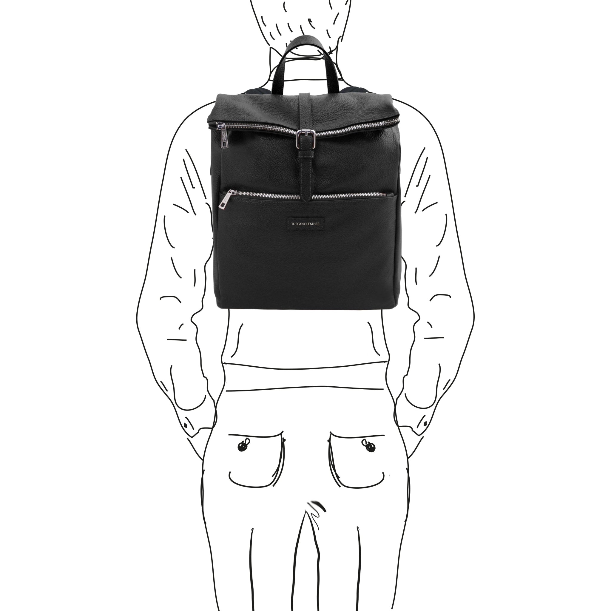 A black and white sketch of a man wearing the Denver Soft Italian Leather Backpack in Black